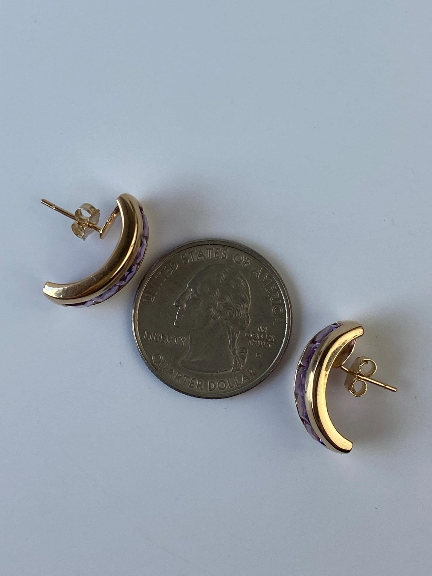 Solid 14k Yellow Gold Amethyst Half Hoop Drop Stud Earrings