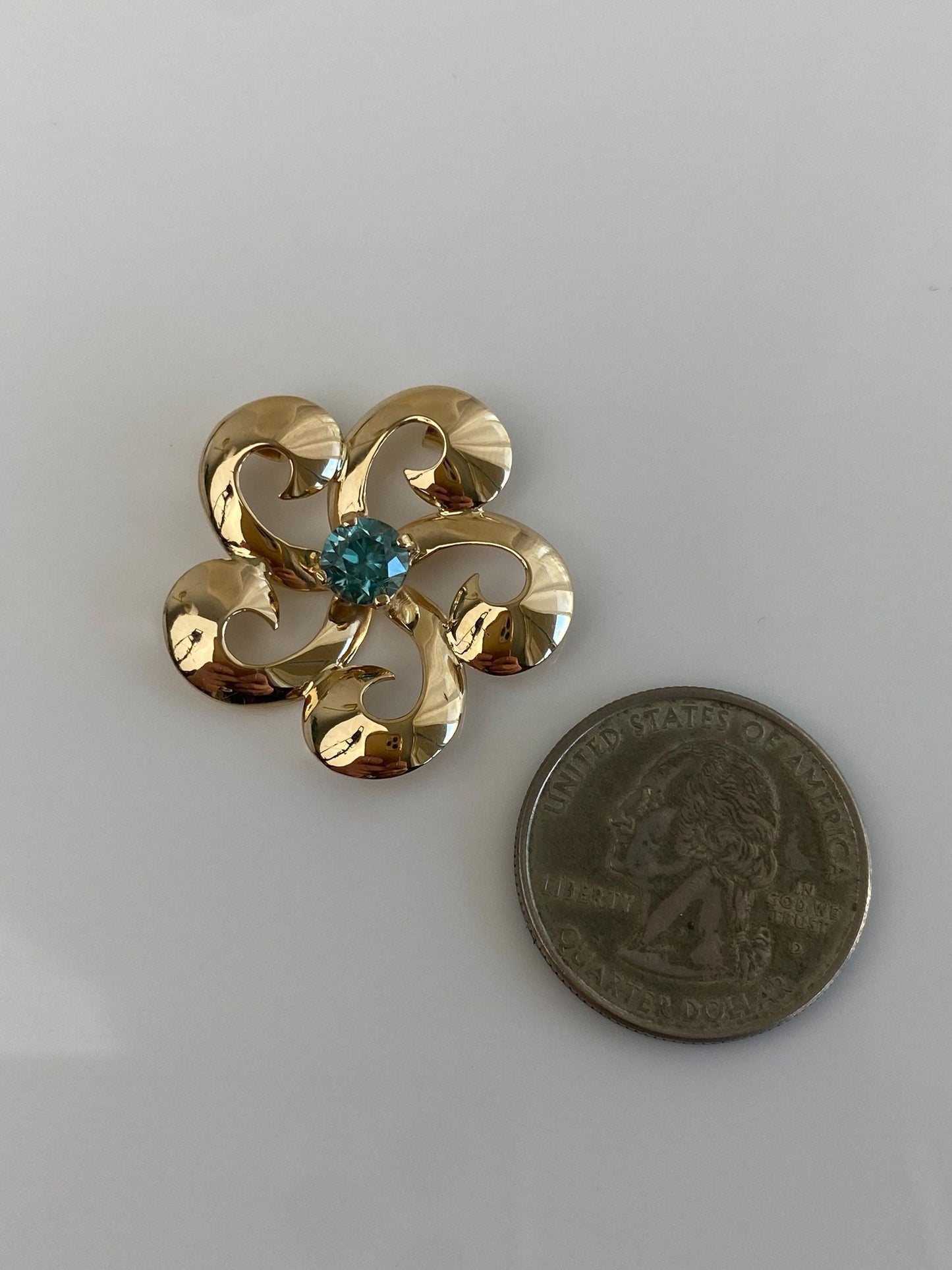 Vintage Solid 14k Yellow Gold Blue Zircon Flower Spiral Slide Charm
