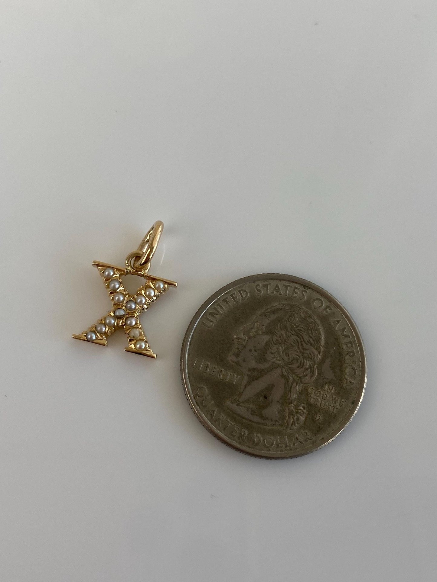 Vintage Solid 14k Yellow Gold Seed Pearl Initial 'X' Charm
