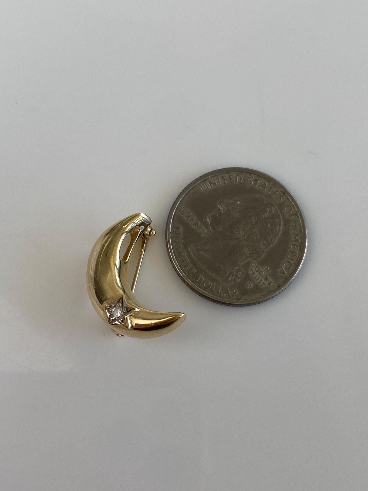 Vintage Solid 14k White & Yellow Gold Diamond Crescent Moon and Star Pin Charm