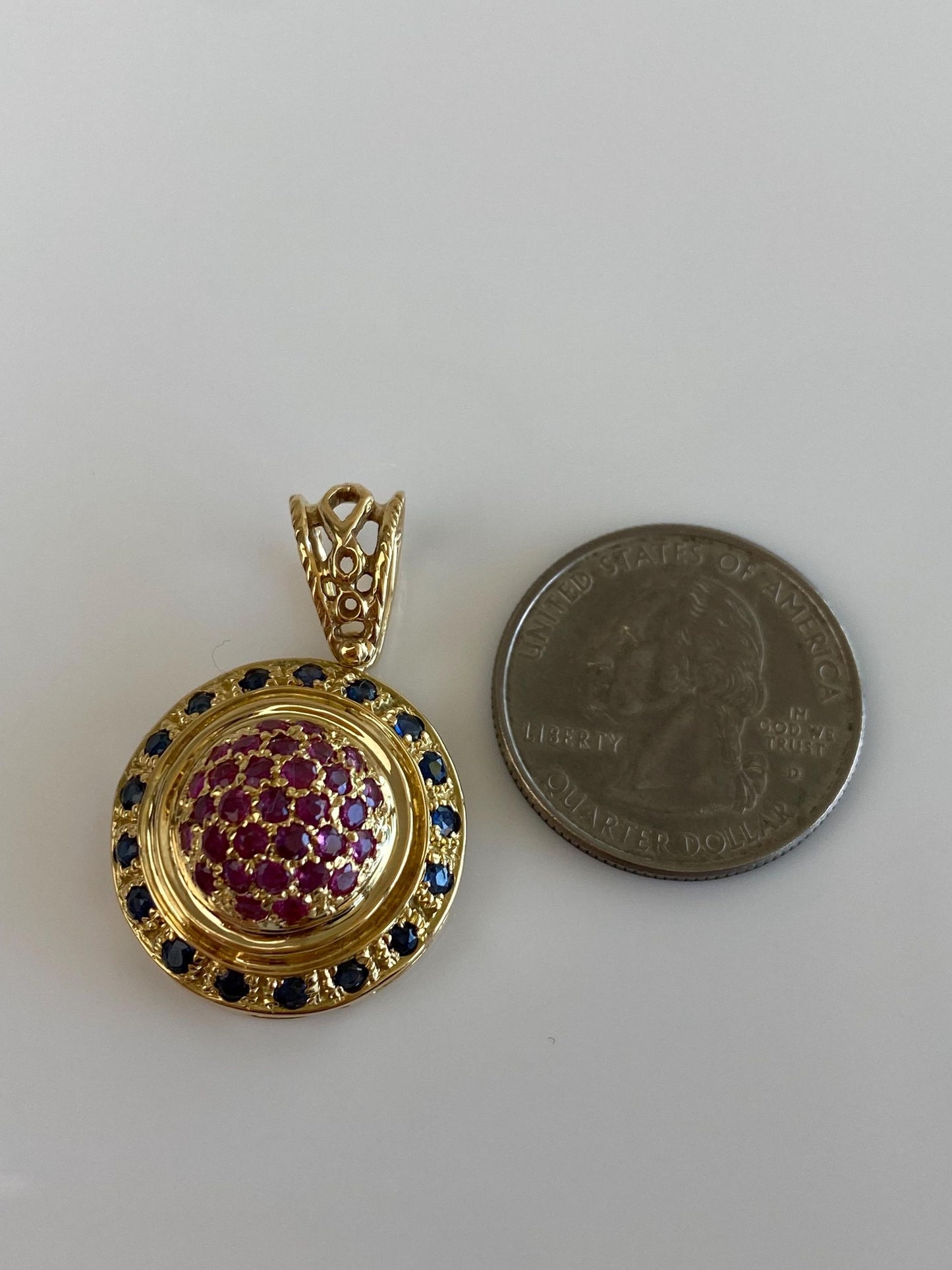 Vintage Solid 18k Yellow Gold Pink & Blue Sapphire Halo Charm