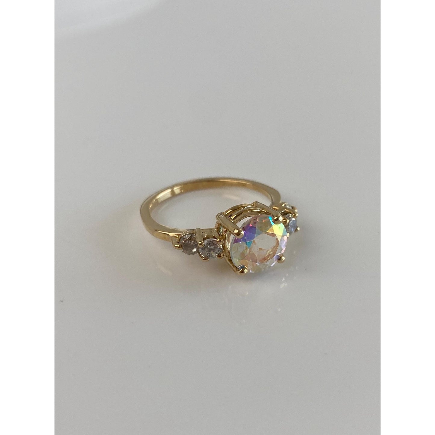 Vintage Solid 14k Yellow Gold Aura Quartz & Cubic Zirconia Ring - Size 7.25