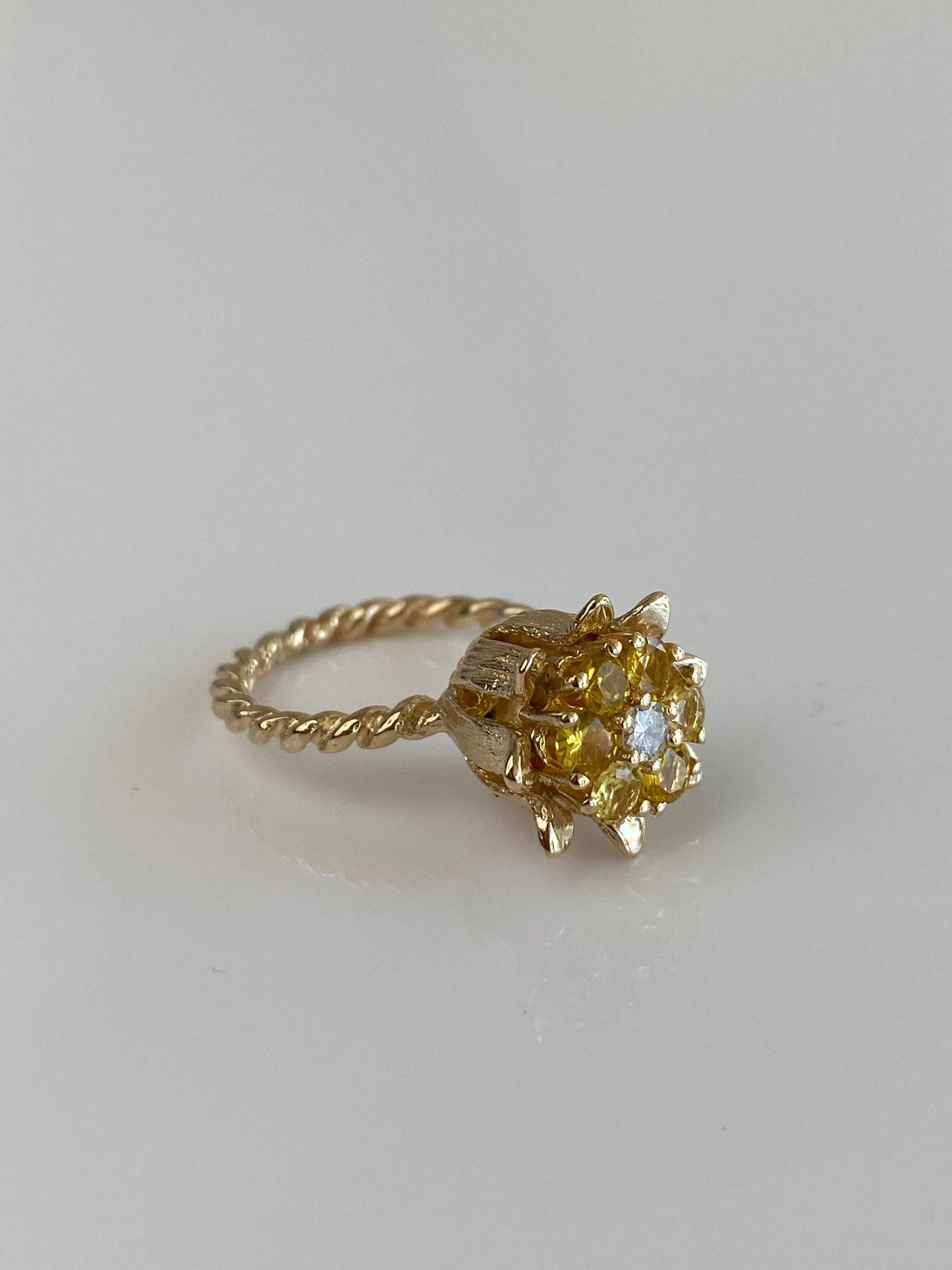 Vintage Solid 12k Yellow Gold Diamond Yellow Sapphire Halo Flower Ring - Size 4.25