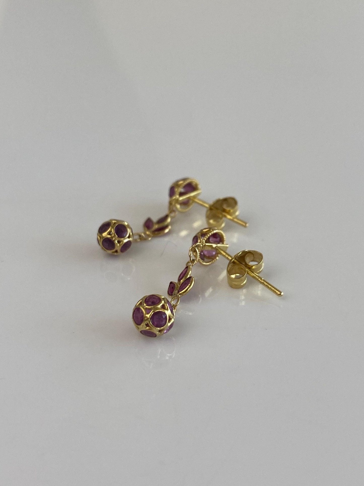 Vintage Solid 18k Yellow Gold Pink Sapphire Dangle Stud Earrings