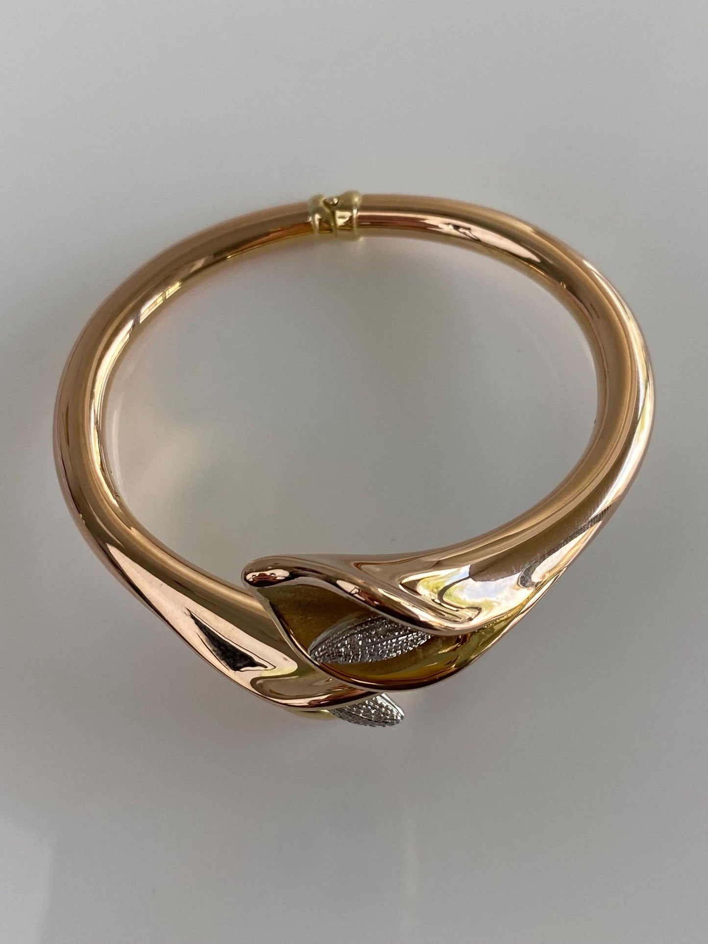 Vintage 14k Rose & Yellow Gold Diamond Lilly Bangle Bracelet - 6.5 Inches