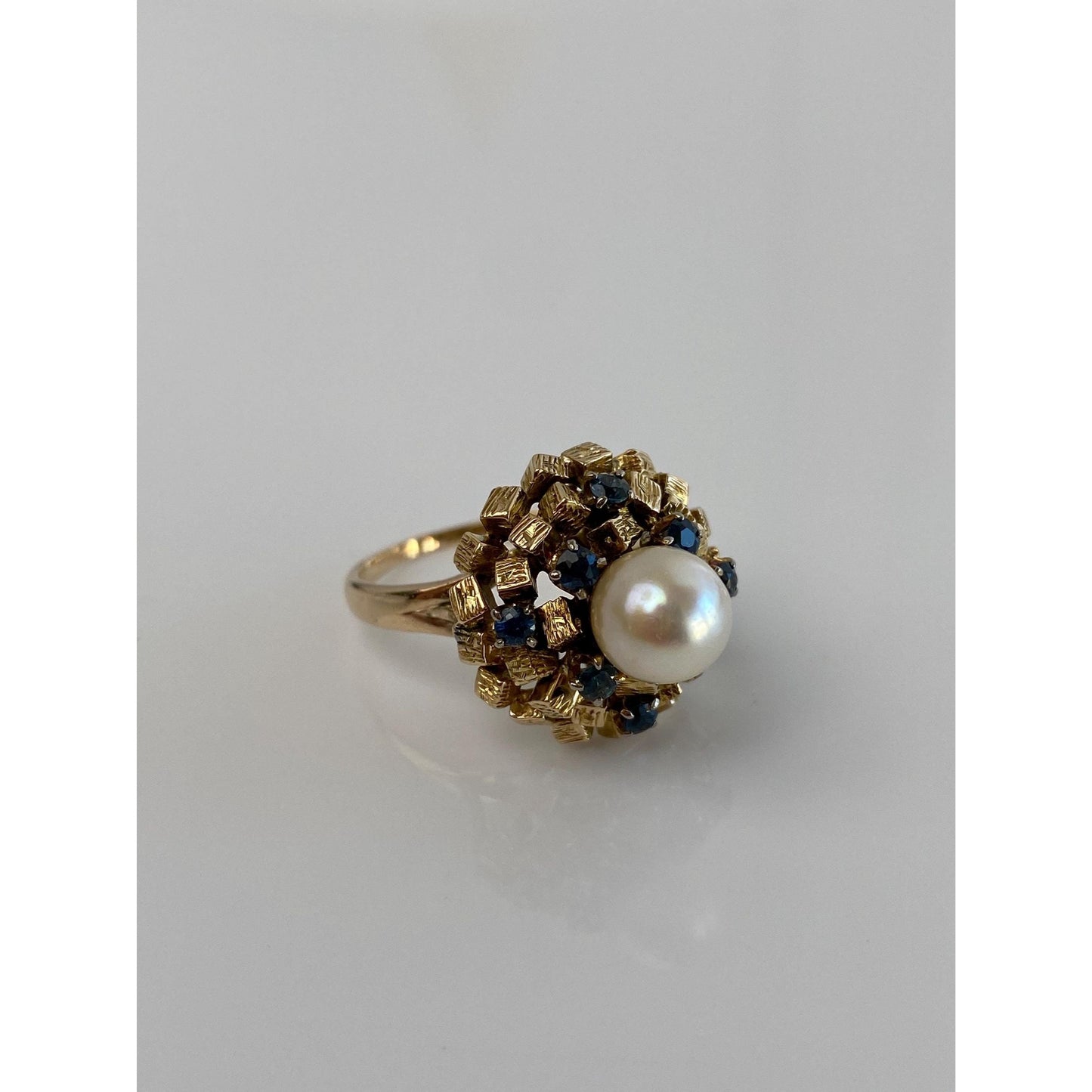 Solid 14k Yellow Gold Pearl Blue Sapphire Cocktail Ring - Size 7.5