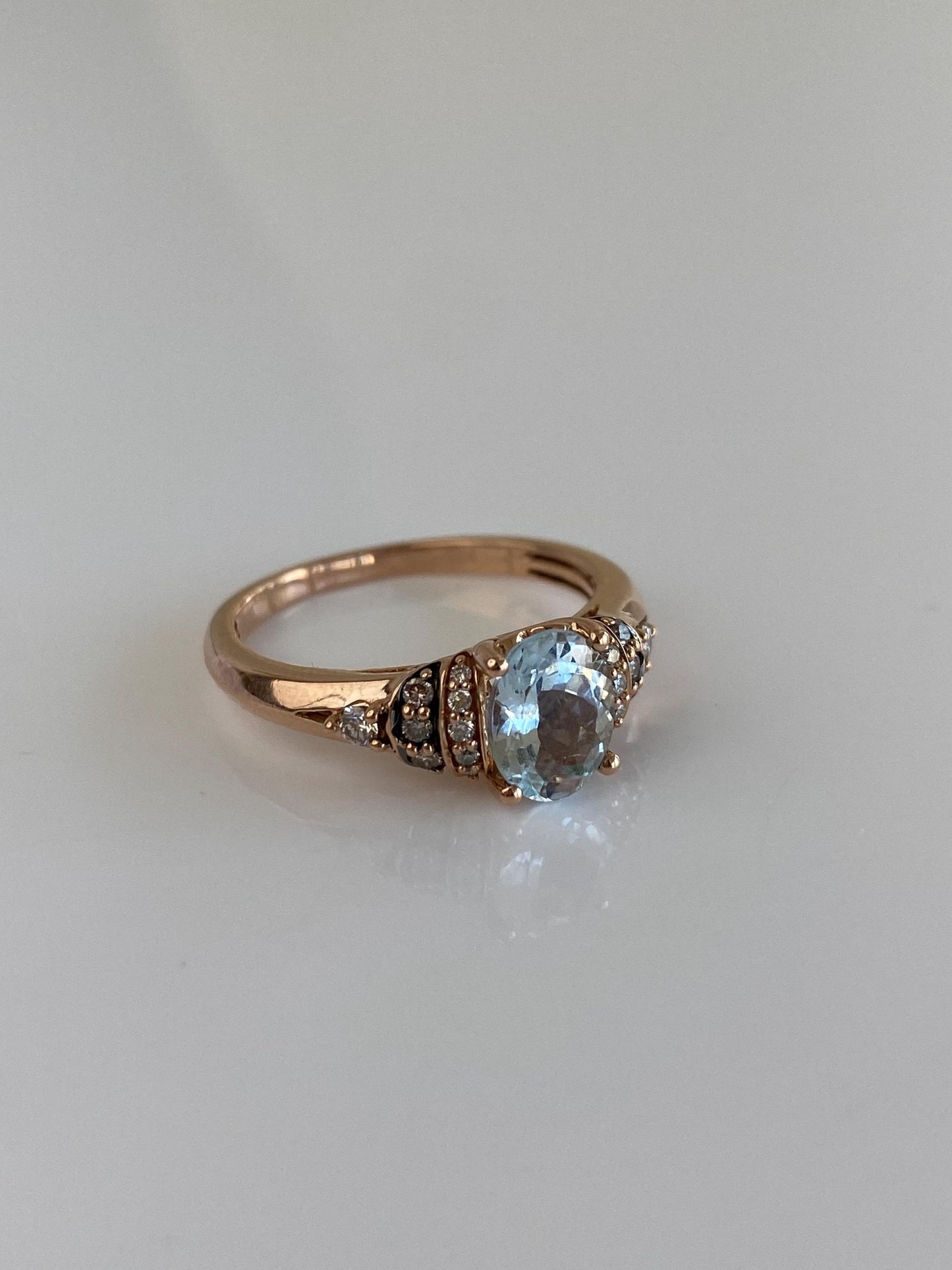 Vintage Solid 14k Rose Gold Diamond Aquamarine Ring - Size 7.5