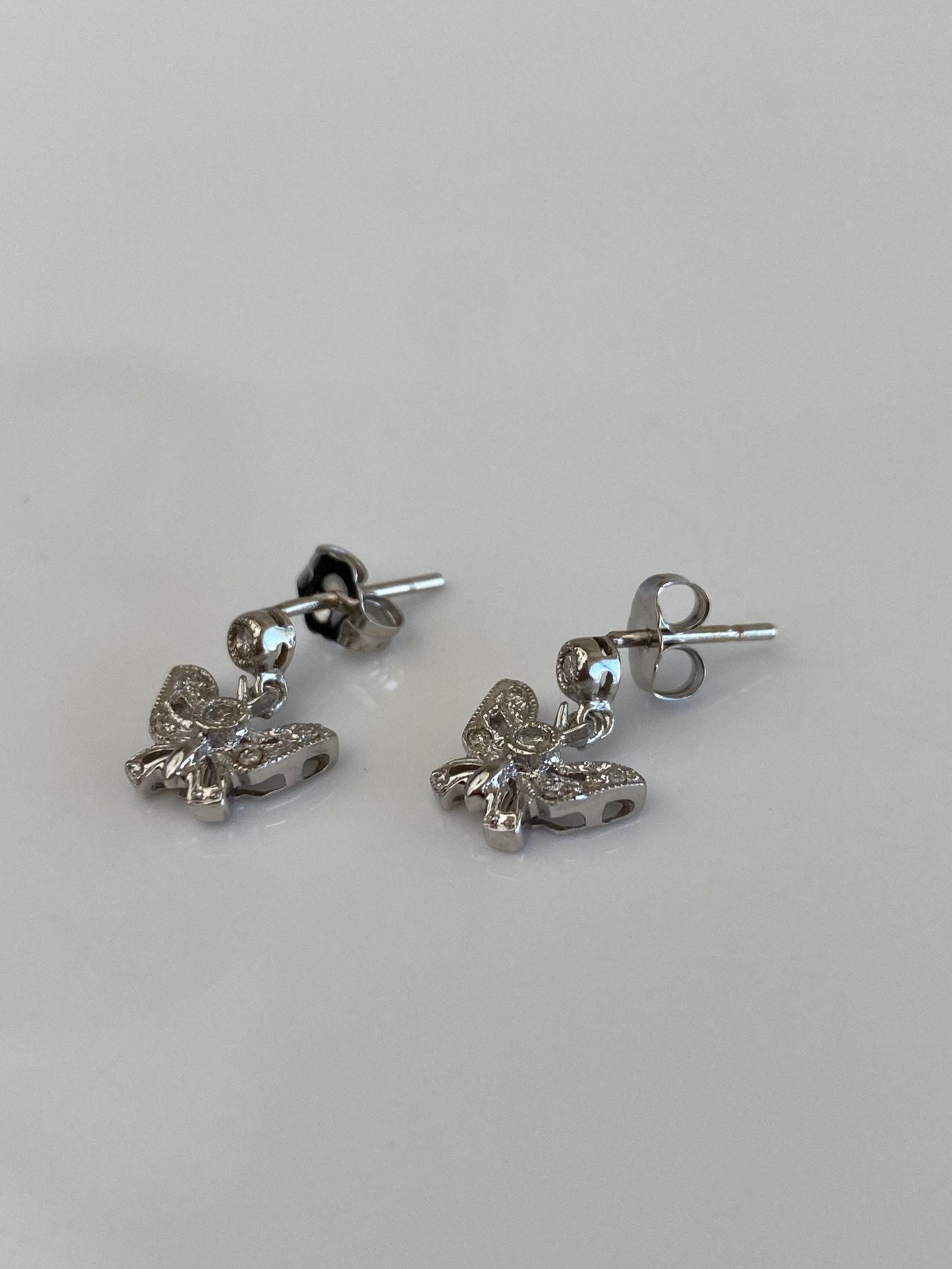 Vintage Solid 14k White Gold Diamond Butterfly Dangle Stud Earrings