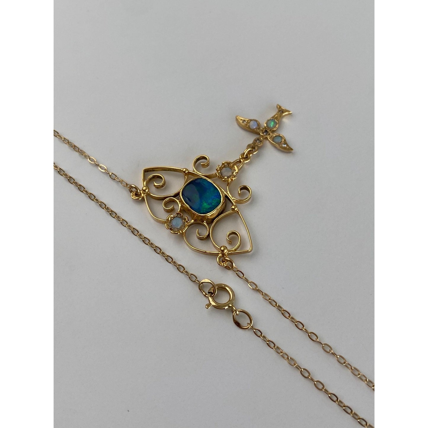 Vintage Solid 14k Yellow Gold Diamond Opal Cable Chain Necklace - 18.75 inches