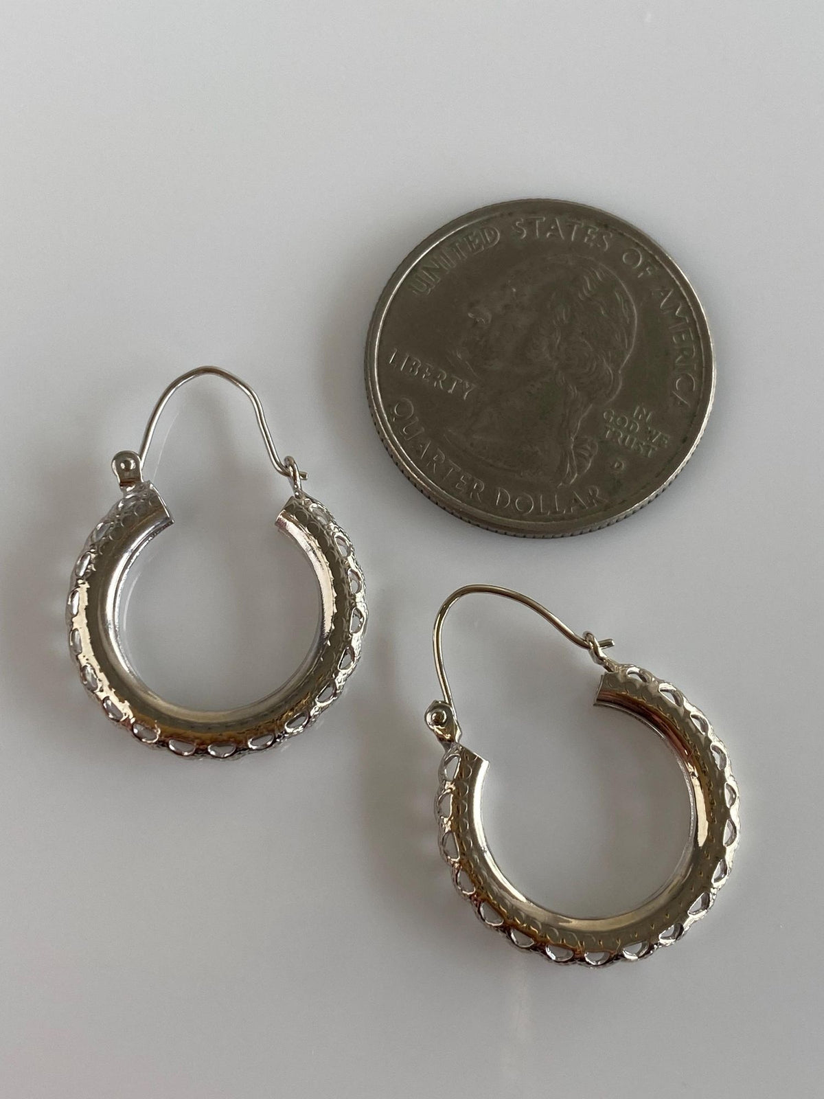Vintage Solid 14k White Gold Open Work Hoop Earrings