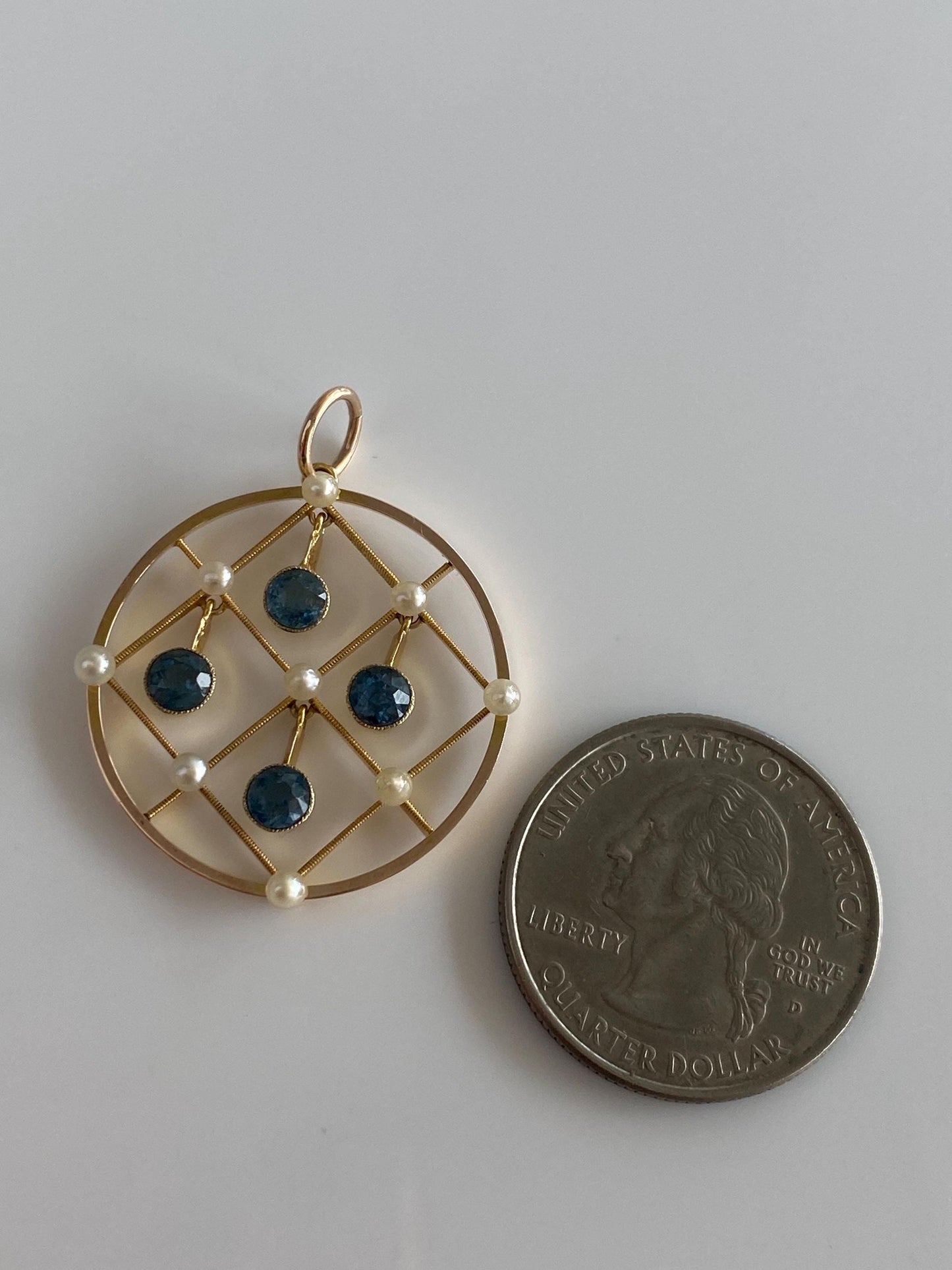 Vintage Solid 10k Yellow Gold Aquamarine Pearl Open Work Dangle Charm