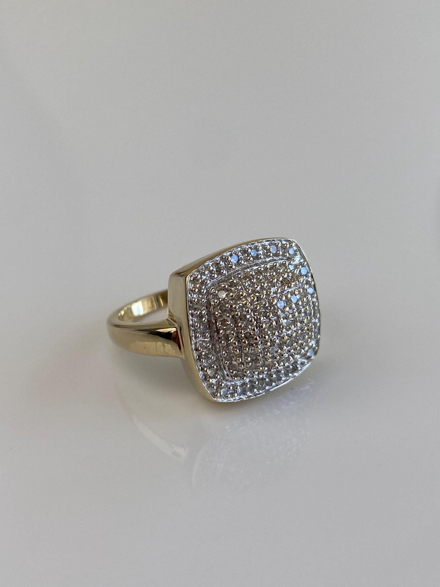 Vintage Solid 14k White & Yellow Gold Diamonds Square Ring - Size 7
