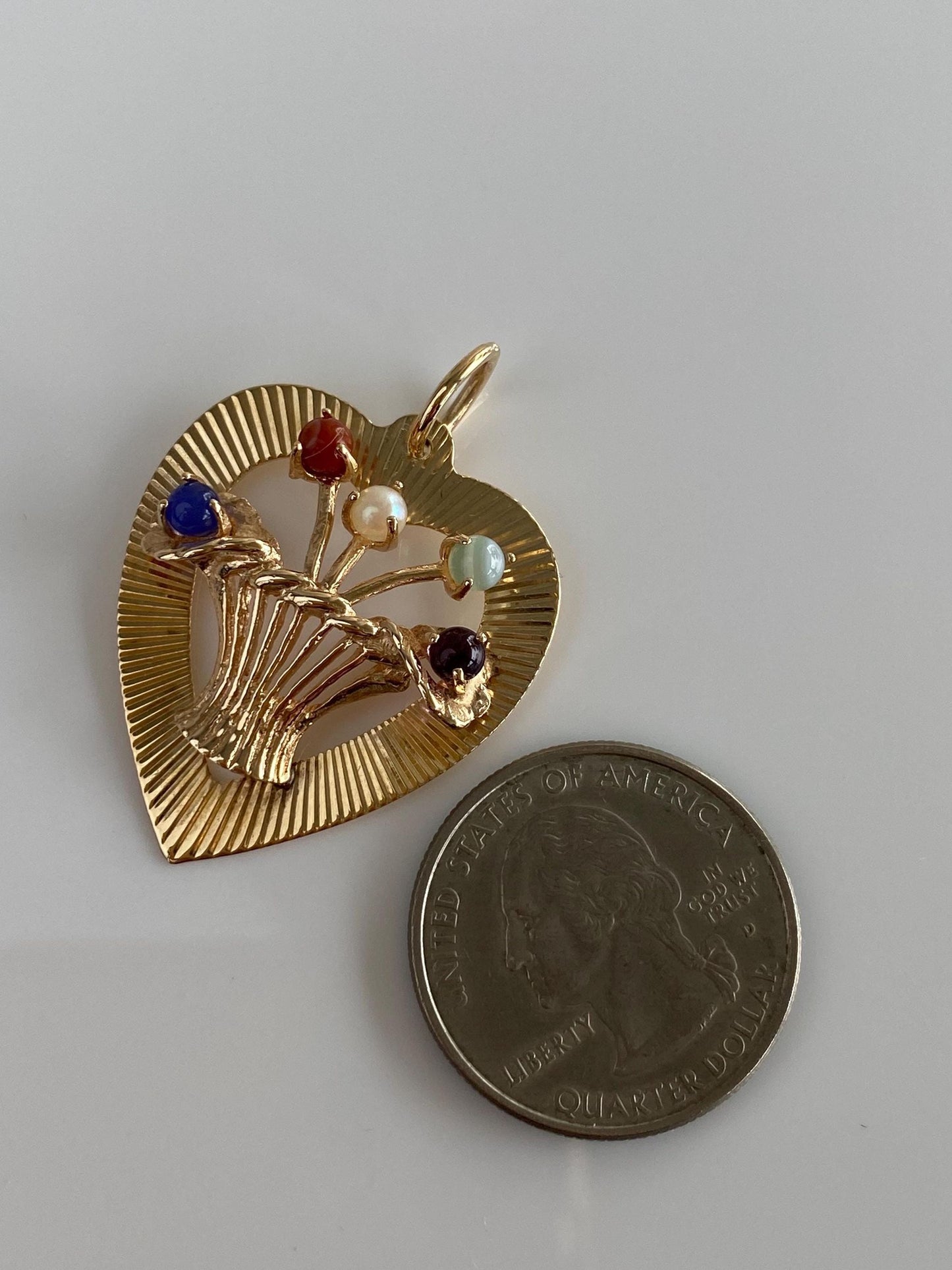 Vintage Solid 14k Yellow Gold Engine Turned Pearl Amethyst Carnelian Blue Chalcedony Agate Basket Heart Charm