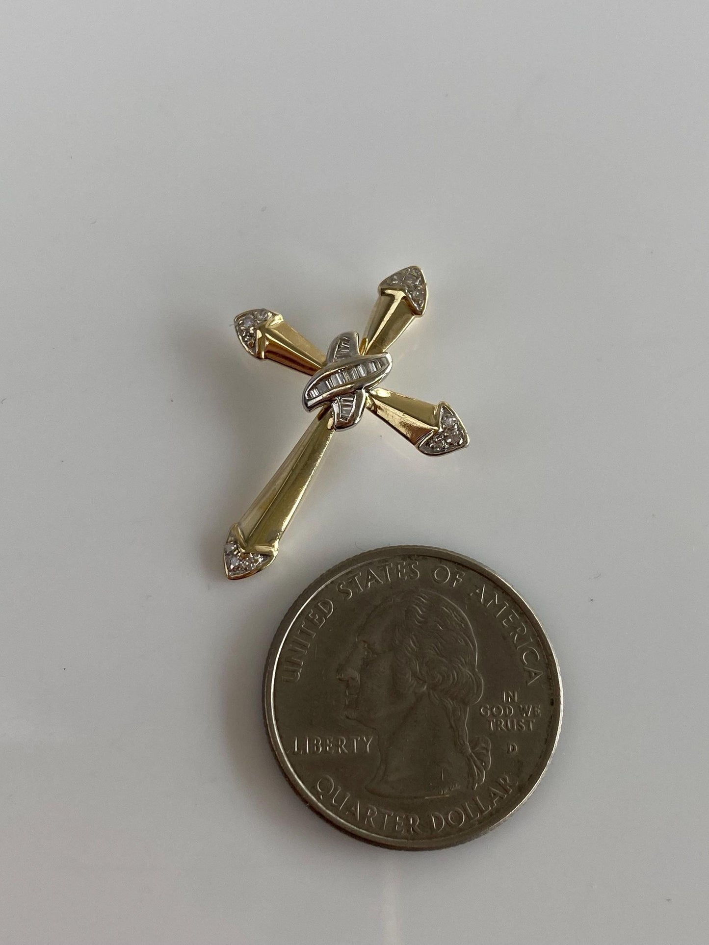 Vintage Solid 14k White & Yellow Gold Baguette and Round Diamond Cross Charm