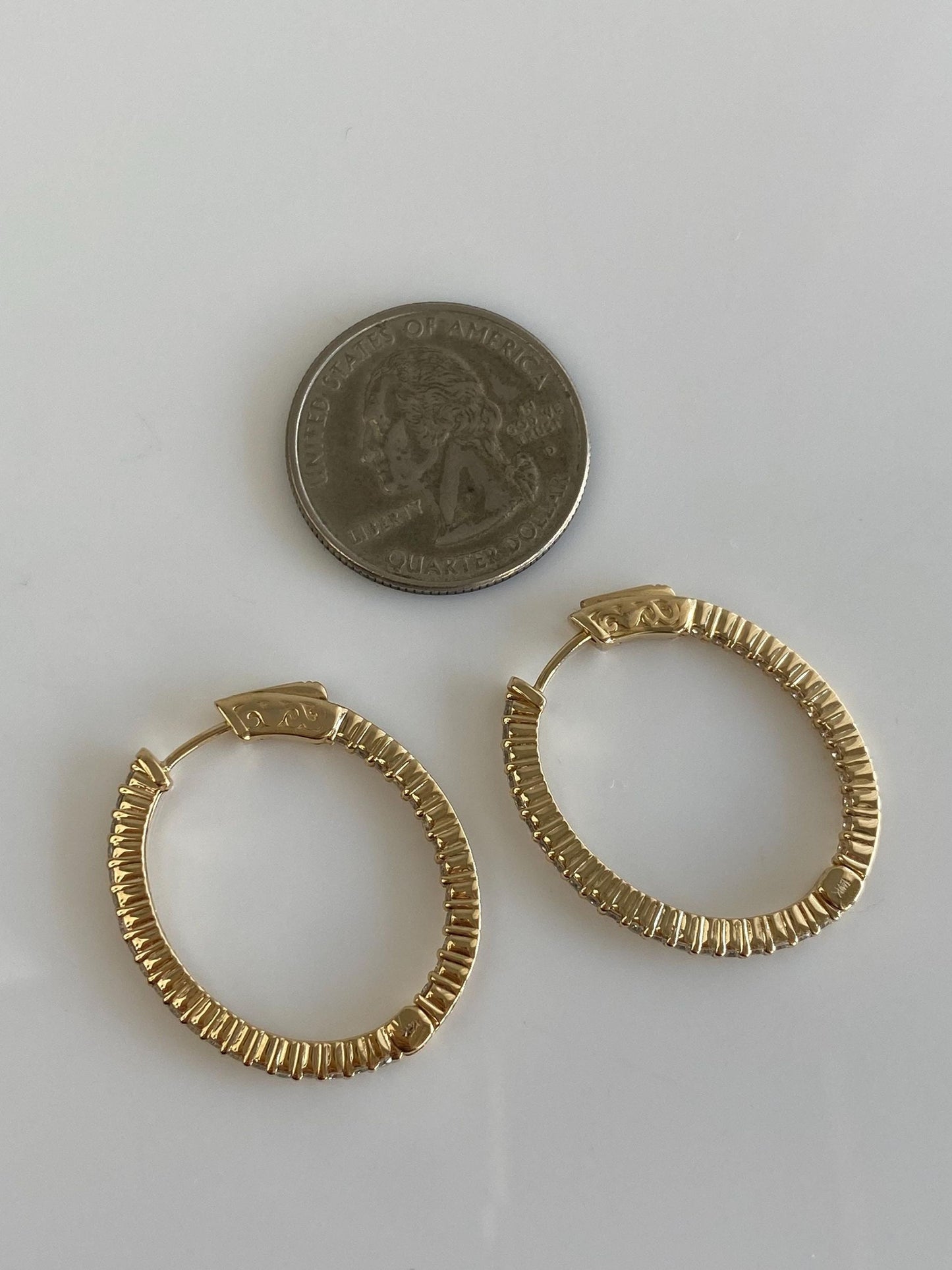 Vintage Solid 14k Yellow Gold Diamond Oval Hoop Earrings