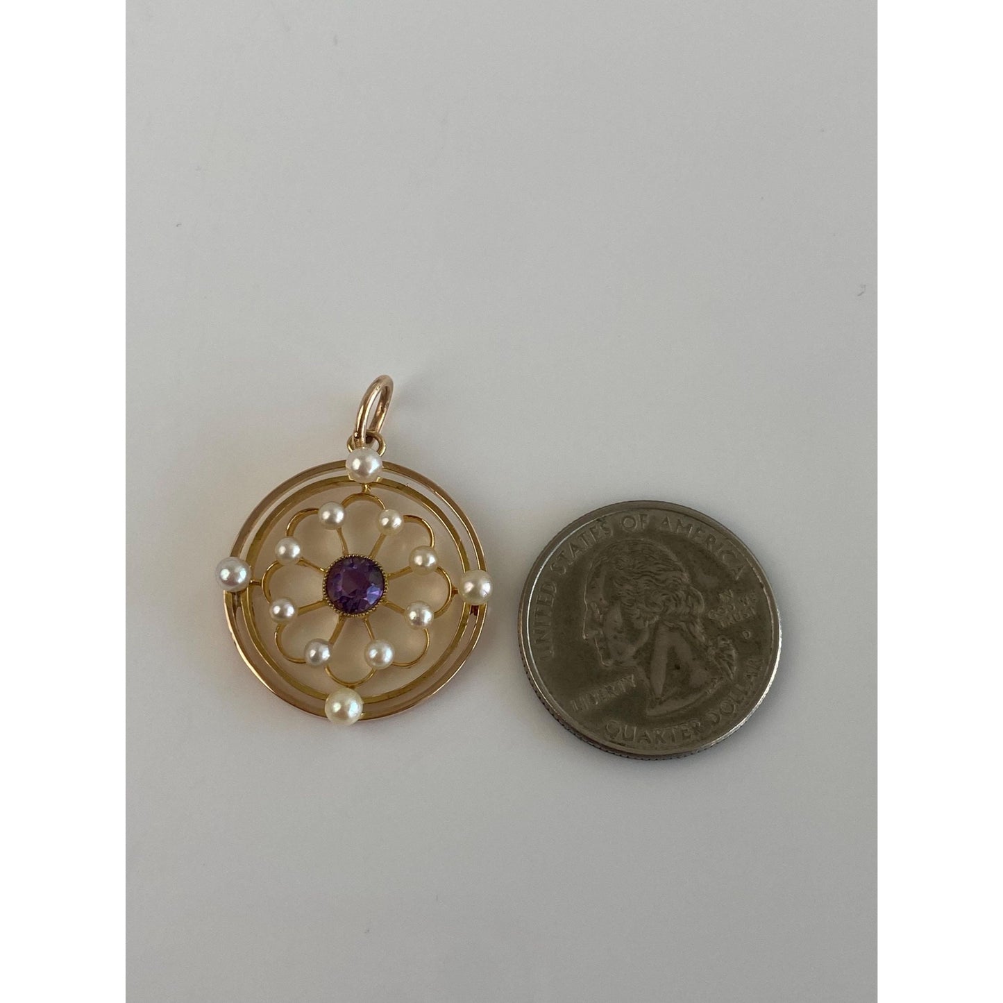 Vintage Solid 14k Yellow Gold Amethyst Pearls Charm