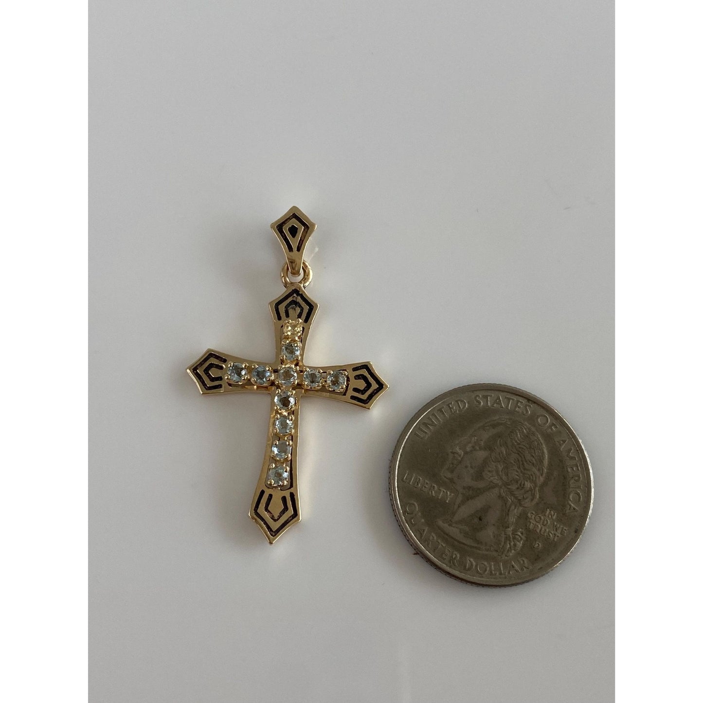 Solid 14k Yellow Gold Clear Sapphire Light Blue Cubic Zirconia Cross Charm