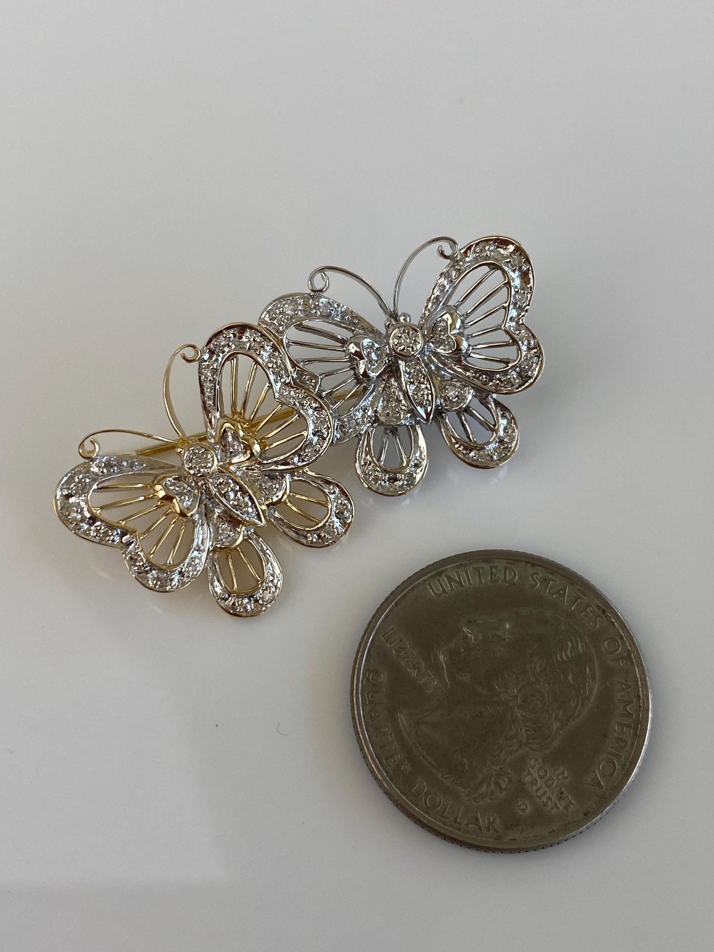 Vintage Solid 14k White & Yellow Gold Diamonds Butterflies Brooch Pin