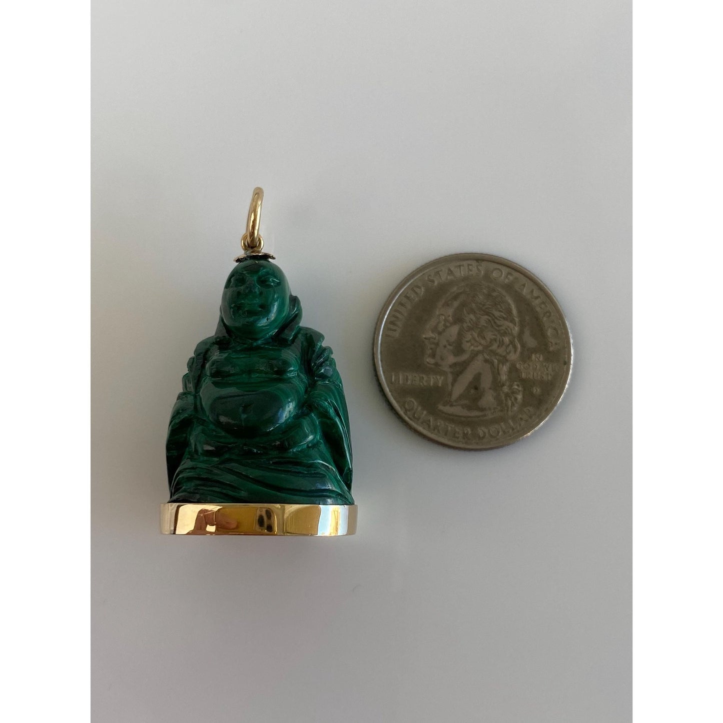 Vintage Solid 14k Yellow Gold Malachite Carved Buddah Charm
