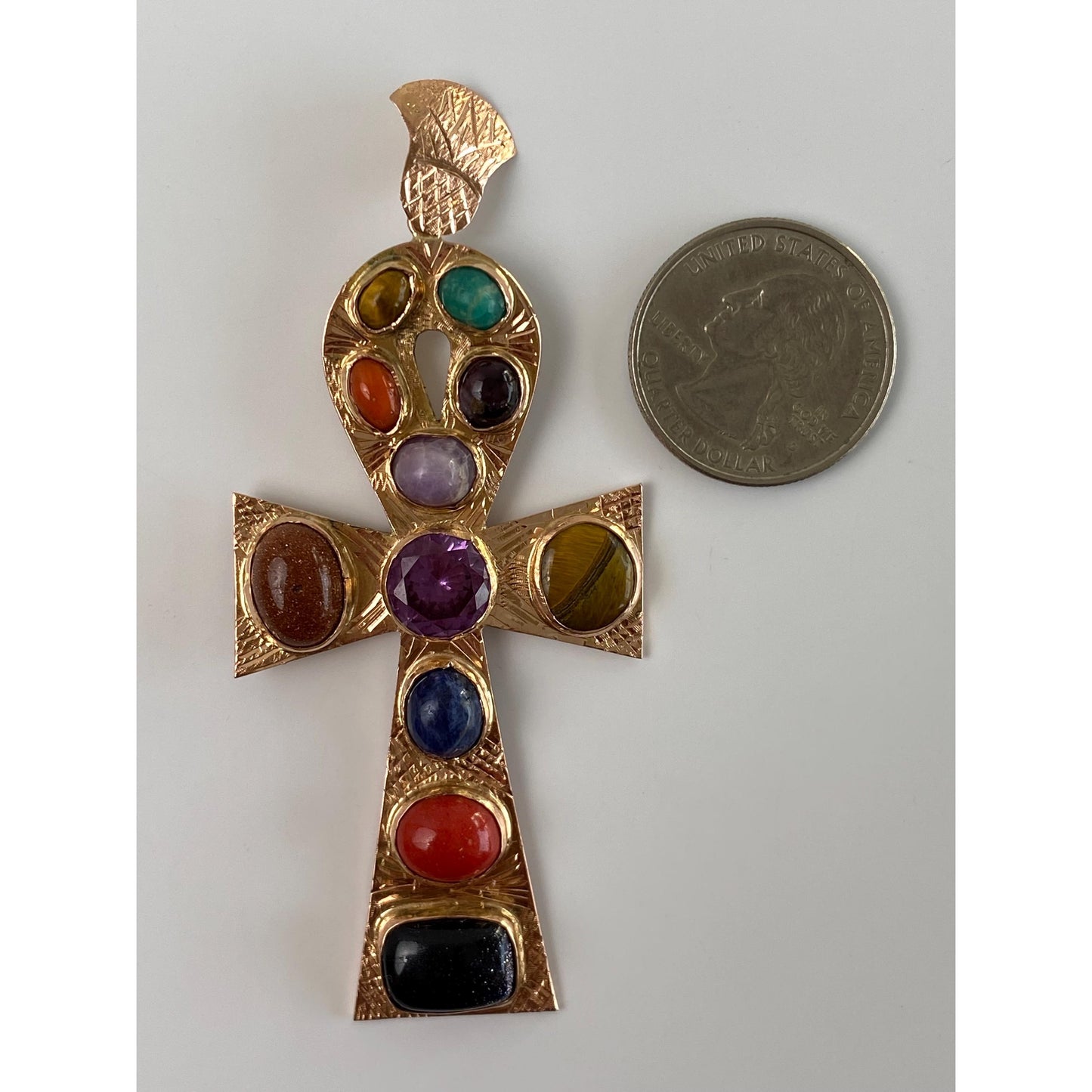 Solid 14k Rosey Gold Tigers Eye Goldstone Blue Lapis Coral Amethyst Bluestone Ankh Charm