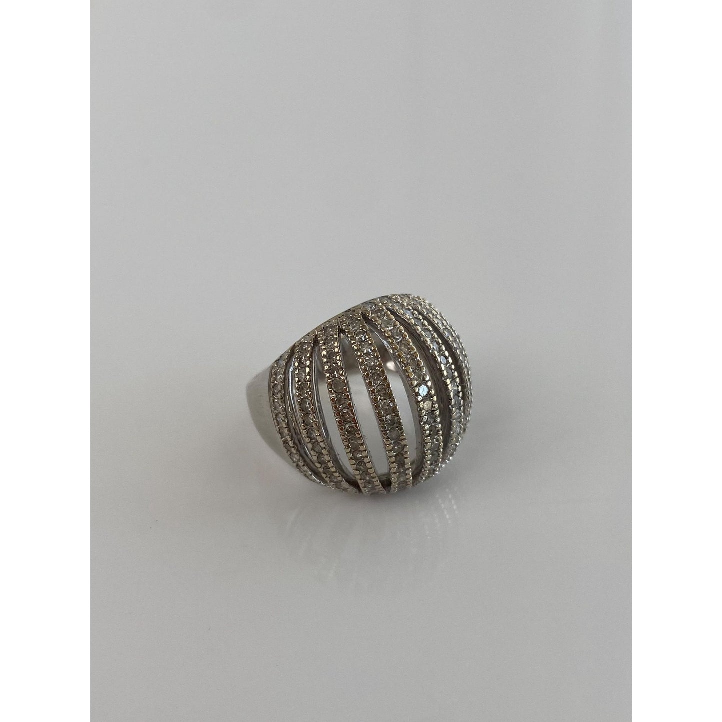 Vintage Solid 18k White Gold Diamond Domed Ring - Size 7