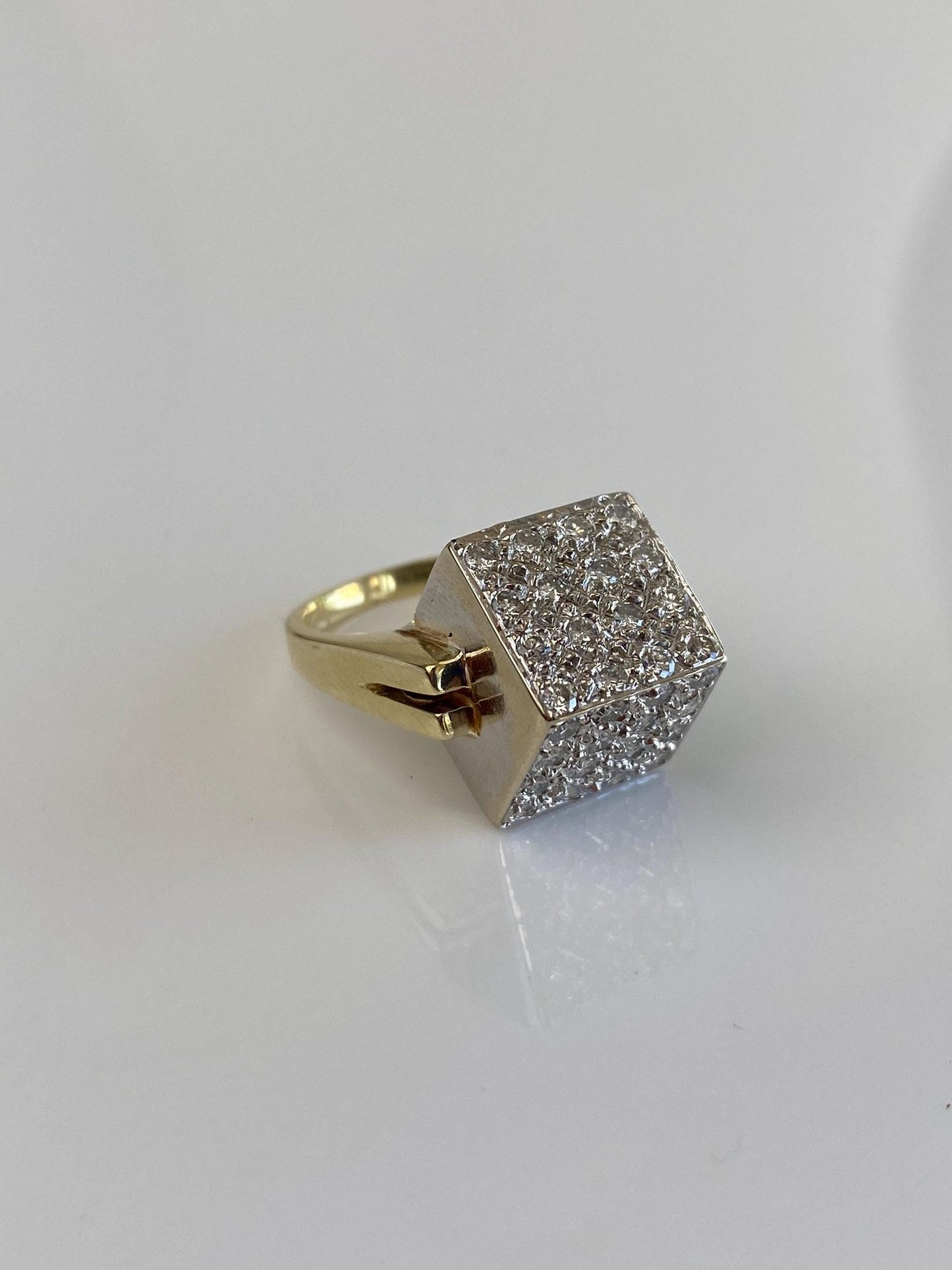 Vintage Solid 14k White & Yellow Gold Diamonds Cube Ring - Size 6.5