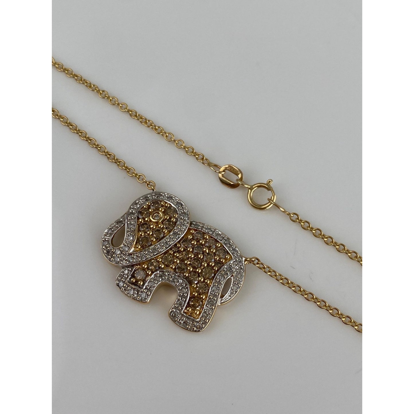 Solid 14k White & Yellow Gold Brown and Clear Diamond Elephant Rolo Necklace - 18.75 inches