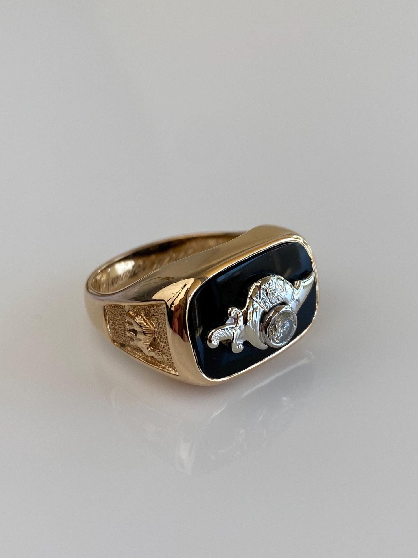 Vintage Solid 14k White & Yellow Gold Enamel Diamond Black Onyx Freemason Signet Ring - Size 10.25