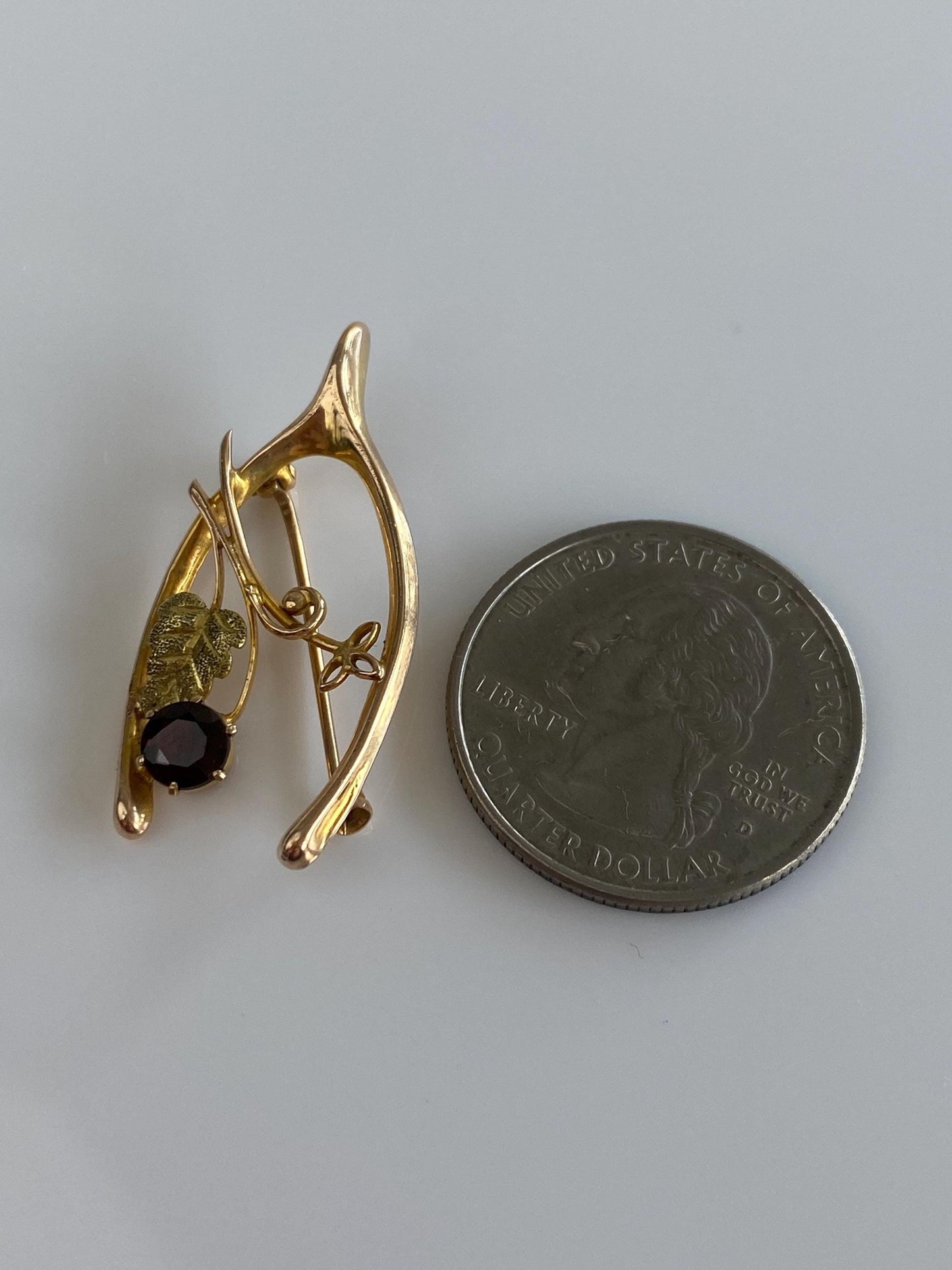 Vintage 10k Mixed Tone Gold Garnet Grape Leaf Wishbone Pin