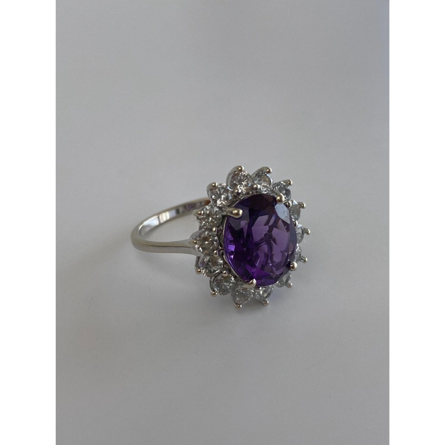 Vintage Solid 14k White Gold Clear Quartz Halo Amethyst Ring - Size 10