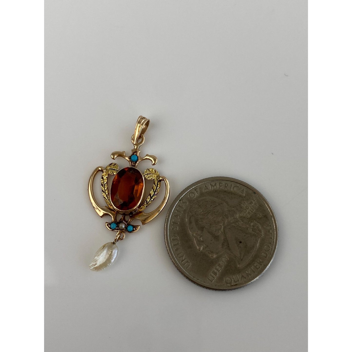 Vintage Solid 10k Yellow Gold Orange Cubic Zirconia Turquoise Pearl Charm