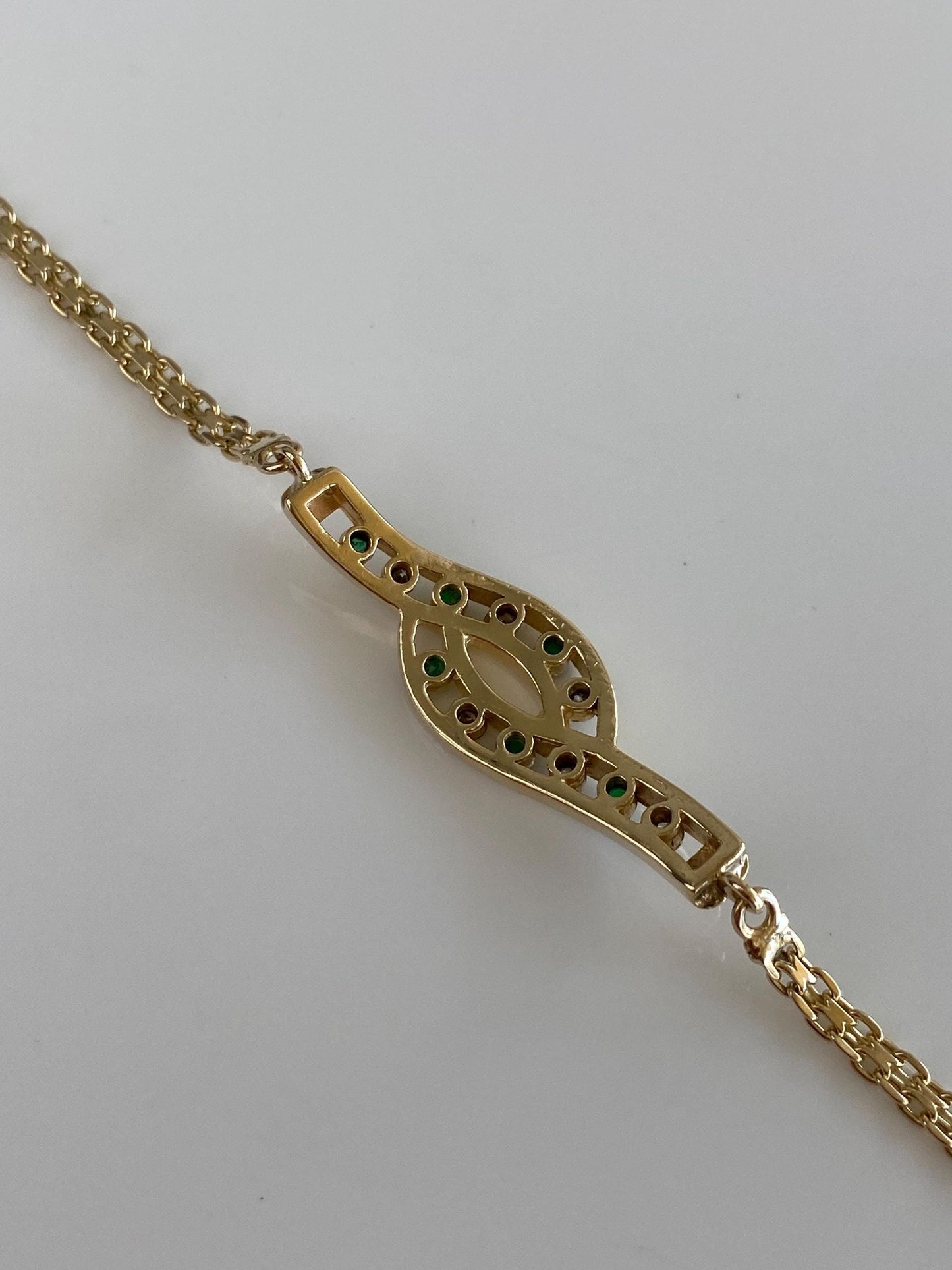 Vintage Solid 14k Yellow Gold Diamond Emerald Bismark Chain Bracelet - 6.5 inches