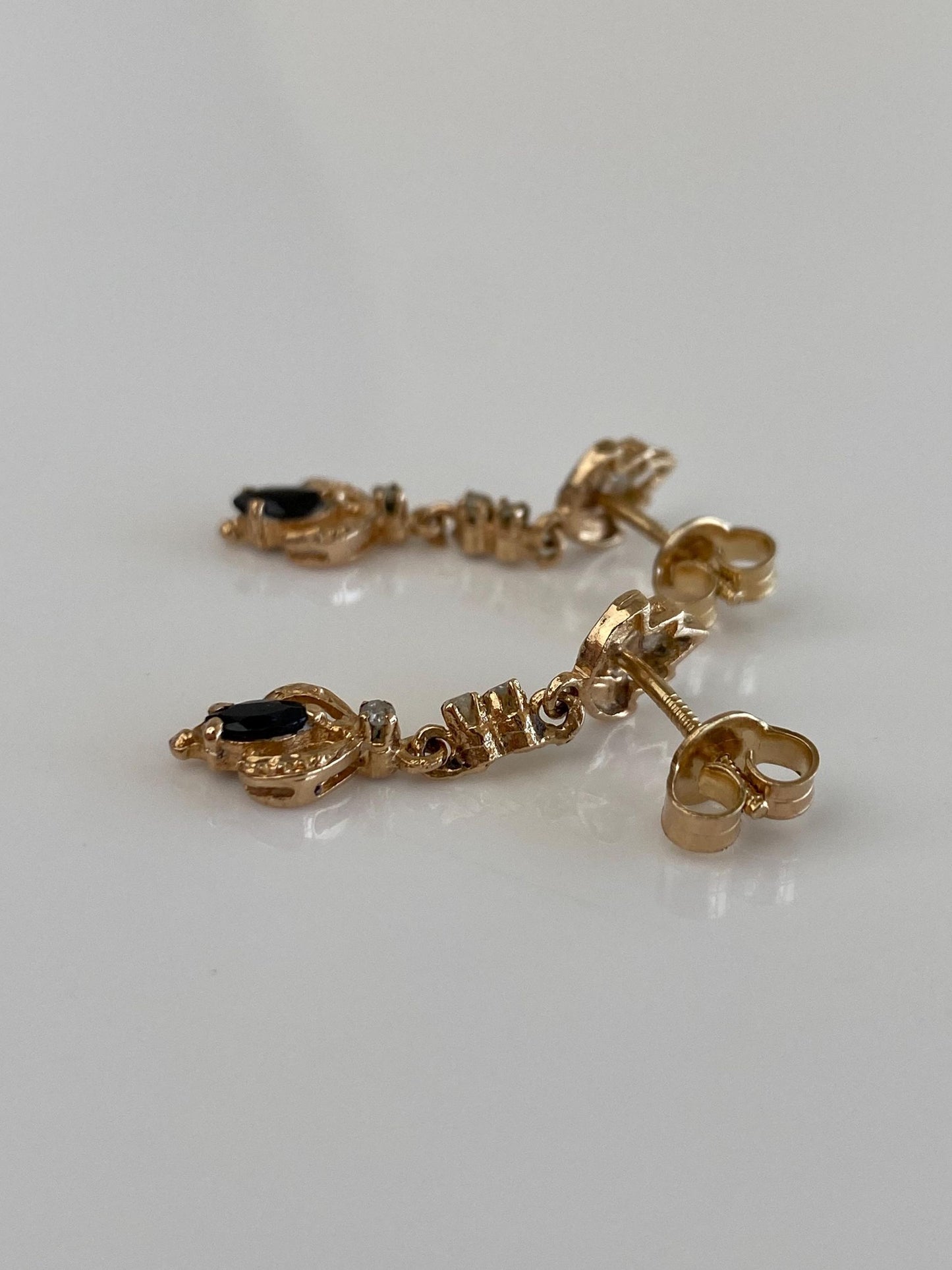 Vintage Solid 12k Yellow Gold Diamond Blue Sapphire Ornate Dangle Studs