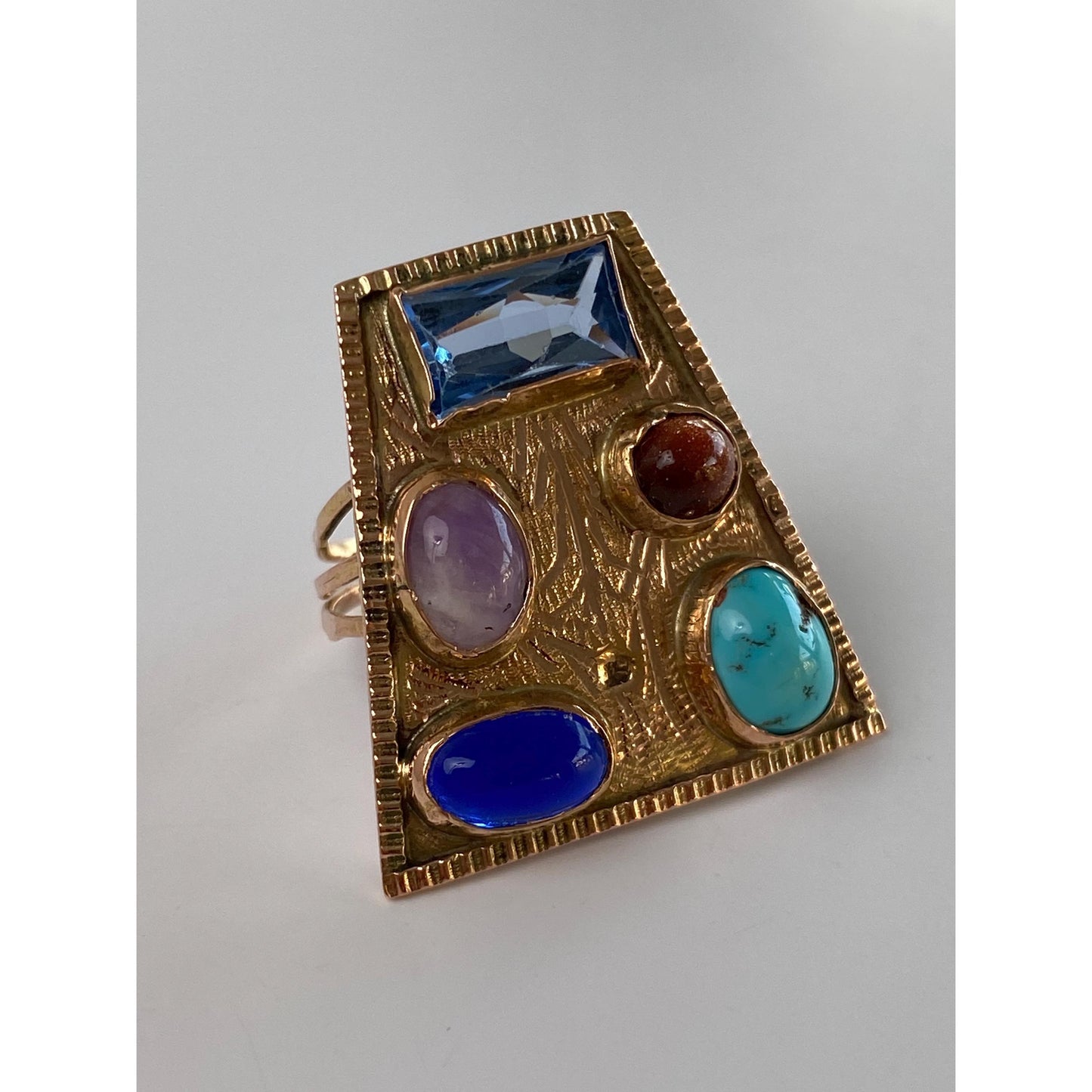 Solid 14k Rosey Gold Turquoise Goldstone Light Blue Spinel Amethyst Blue Cubic Zirconia Ring - Size 4.75