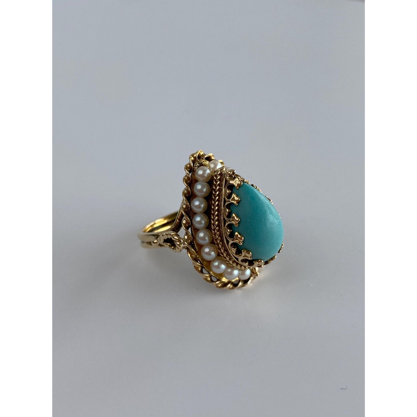 Vintage Solid 14k Yellow Gold Turquoise Pearl Halo Ring - Size 5.5