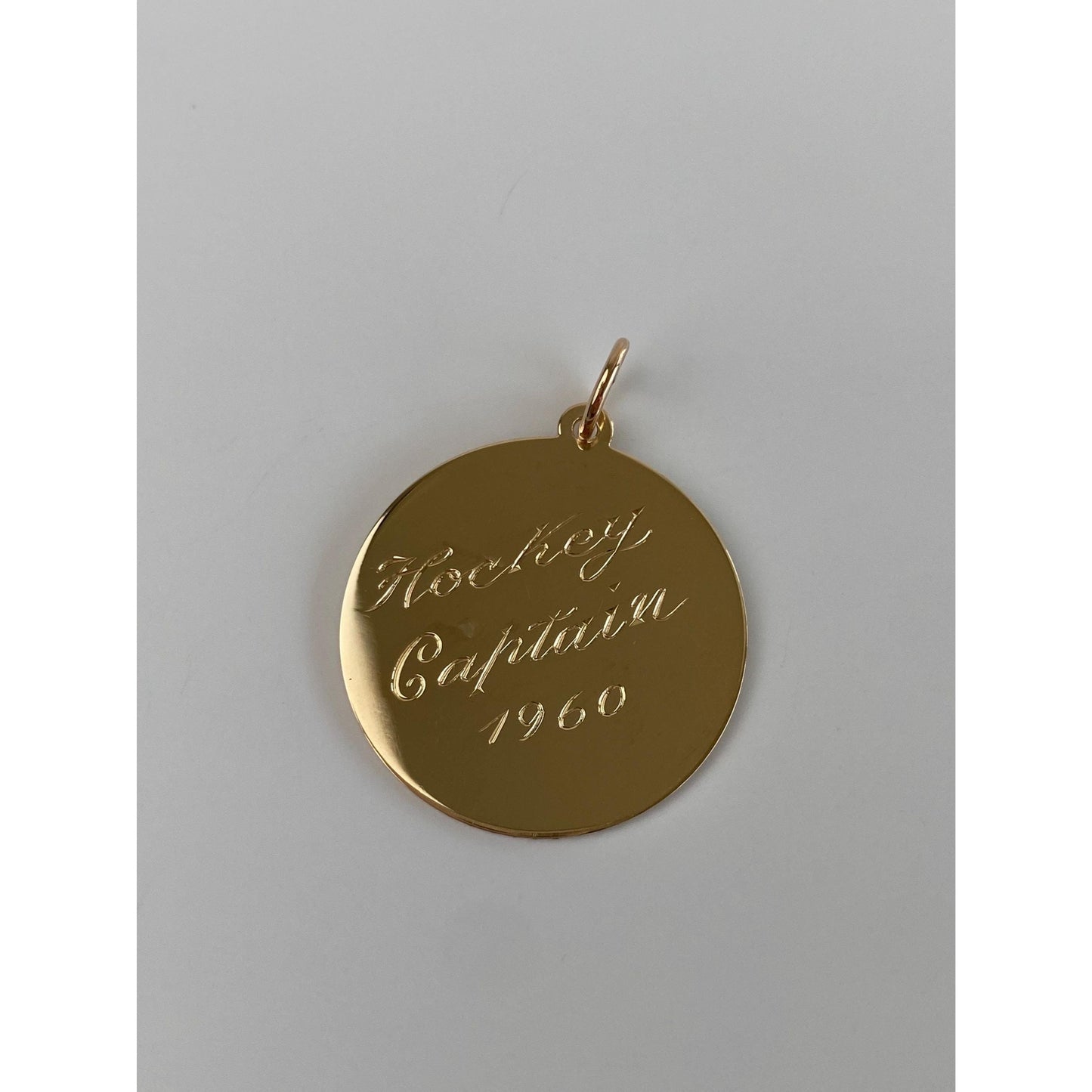 Vintage Solid 14k Yellow Gold Engine Turned 'Lucy- Hockey Captain 1960' Charm