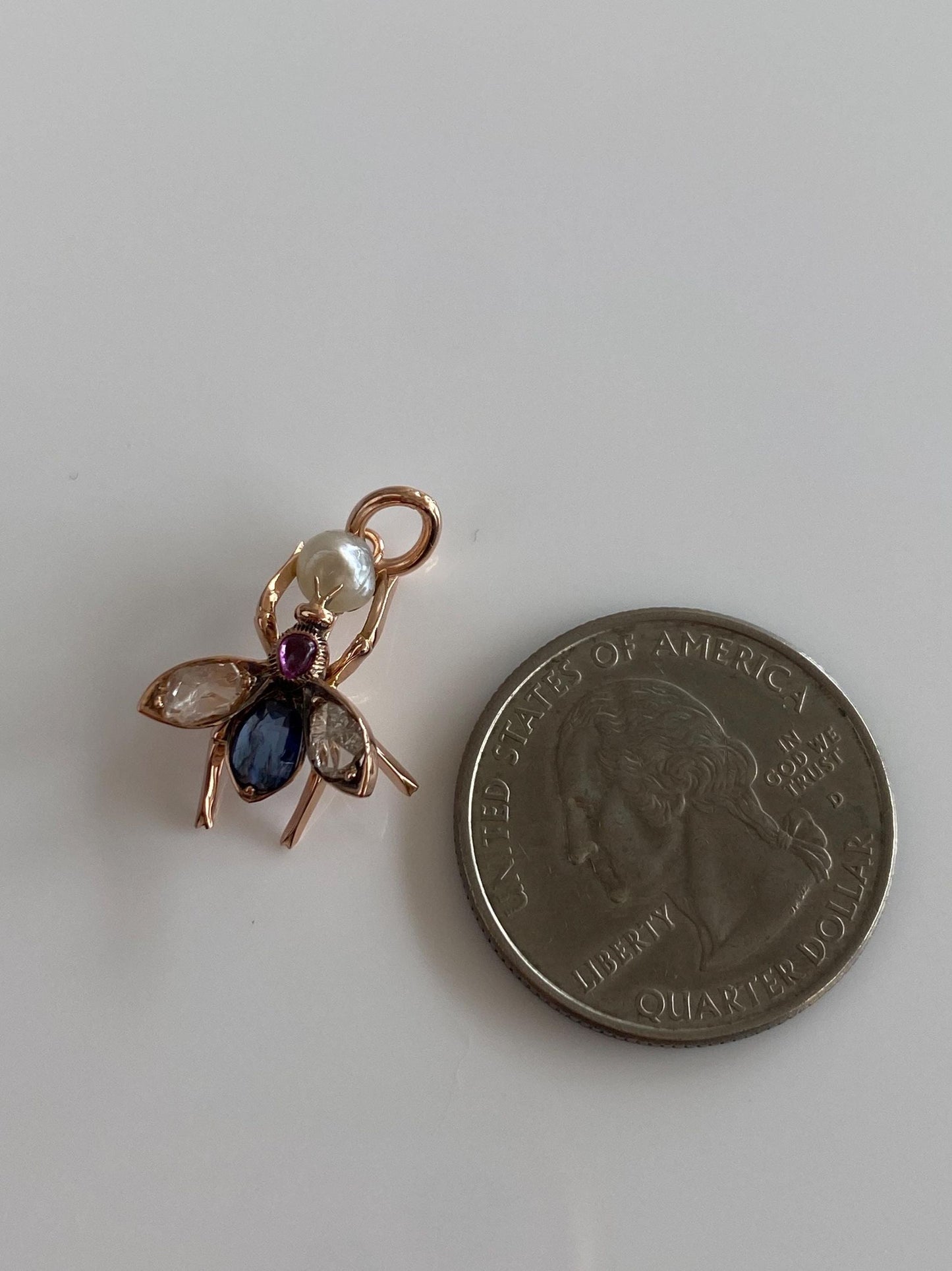 Vintage Solid 14k Rose Gold Diamond Blue Sapphire Pink Spinel Pearl Bee Charm
