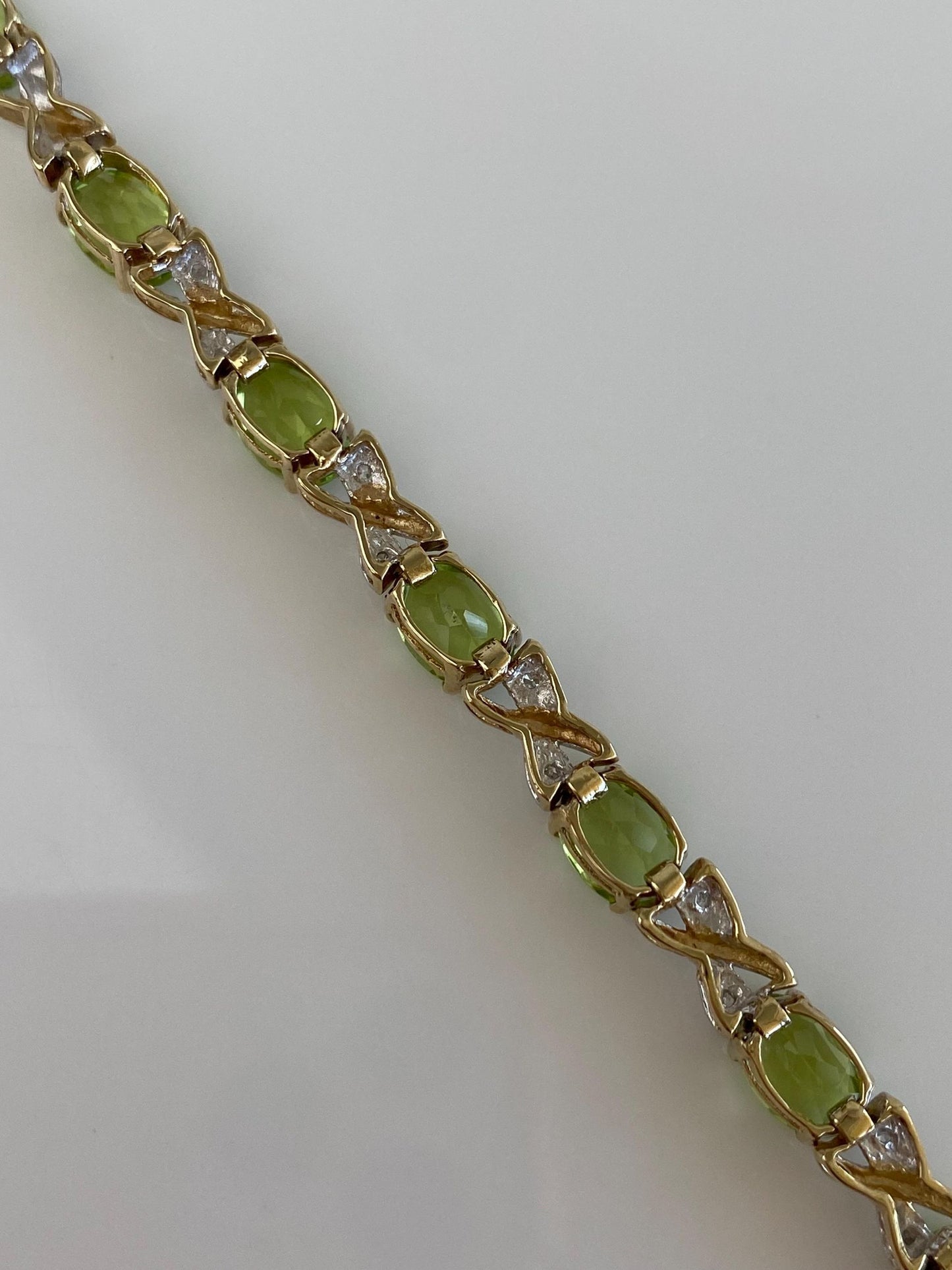 Vintage Solid 10k White & Yellow Gold Diamond Peridot Link Bracelet - 7.25 inches
