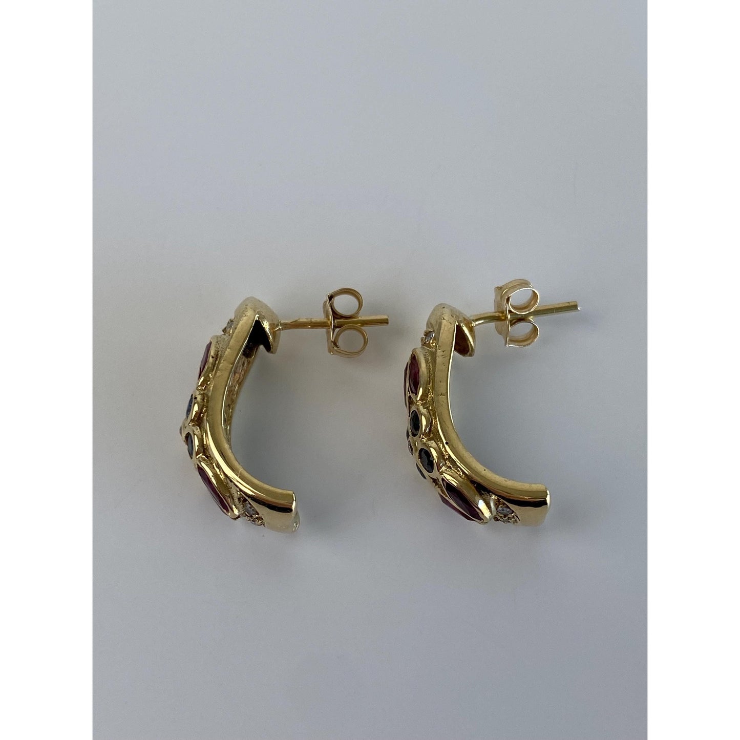 Vintage Solid 14k Yellow Gold Ruby Sapphire & Diamond Drop Earrings