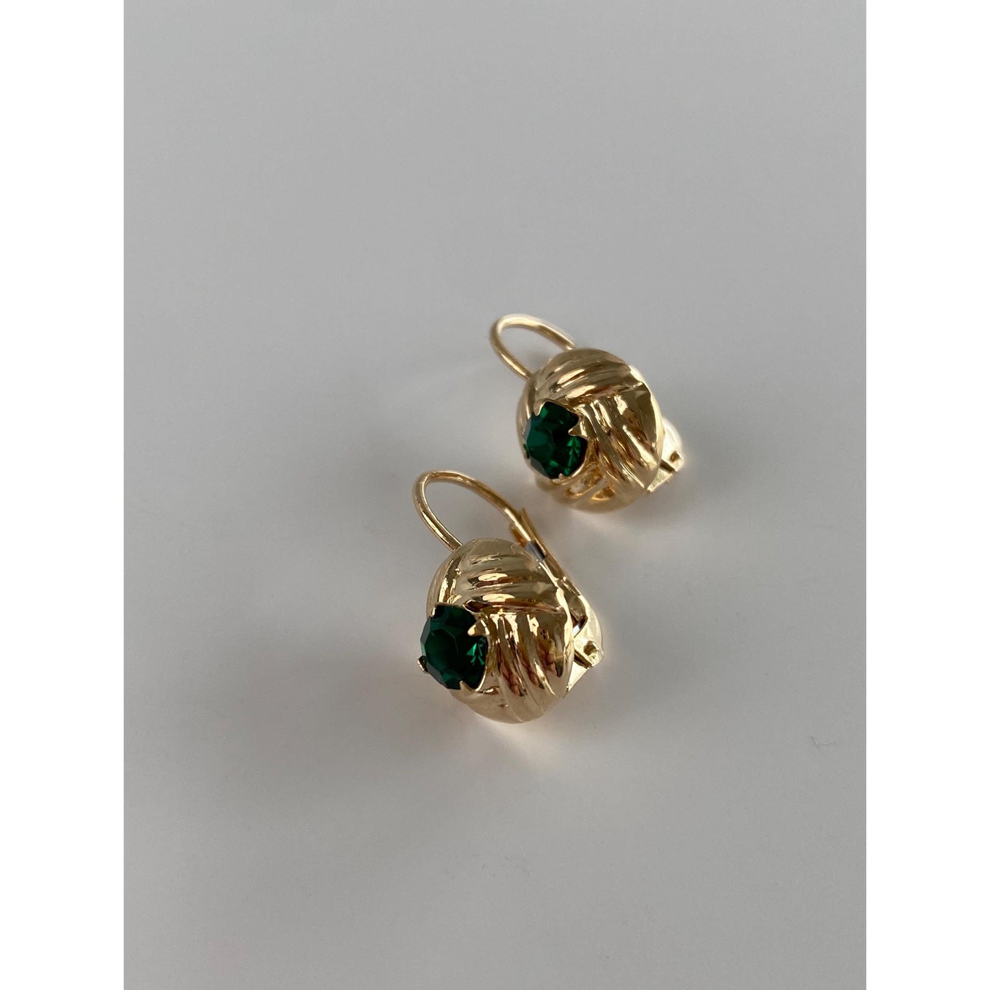 Solid 14k Yellow Gold Green Cubic Zirconia Weave Pattern Drop Earrings