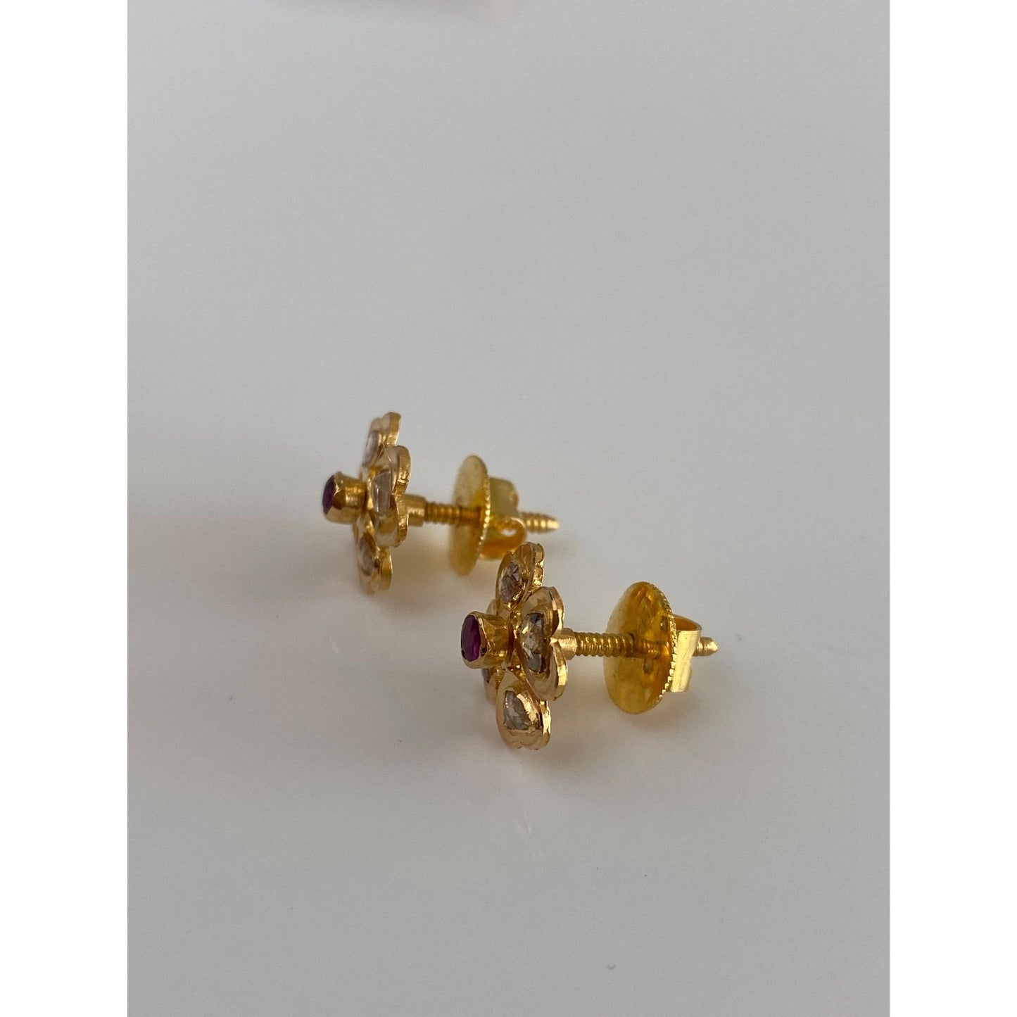 Vintage Solid 20k Yellow Gold Raw Diamond Ruby Flower Stud Earrings