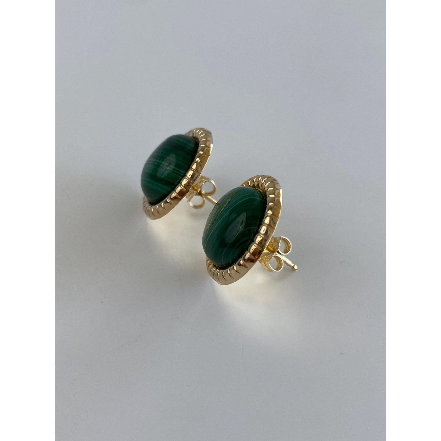 Vintage Solid 14k Yellow Gold Malachite Stud Earrings