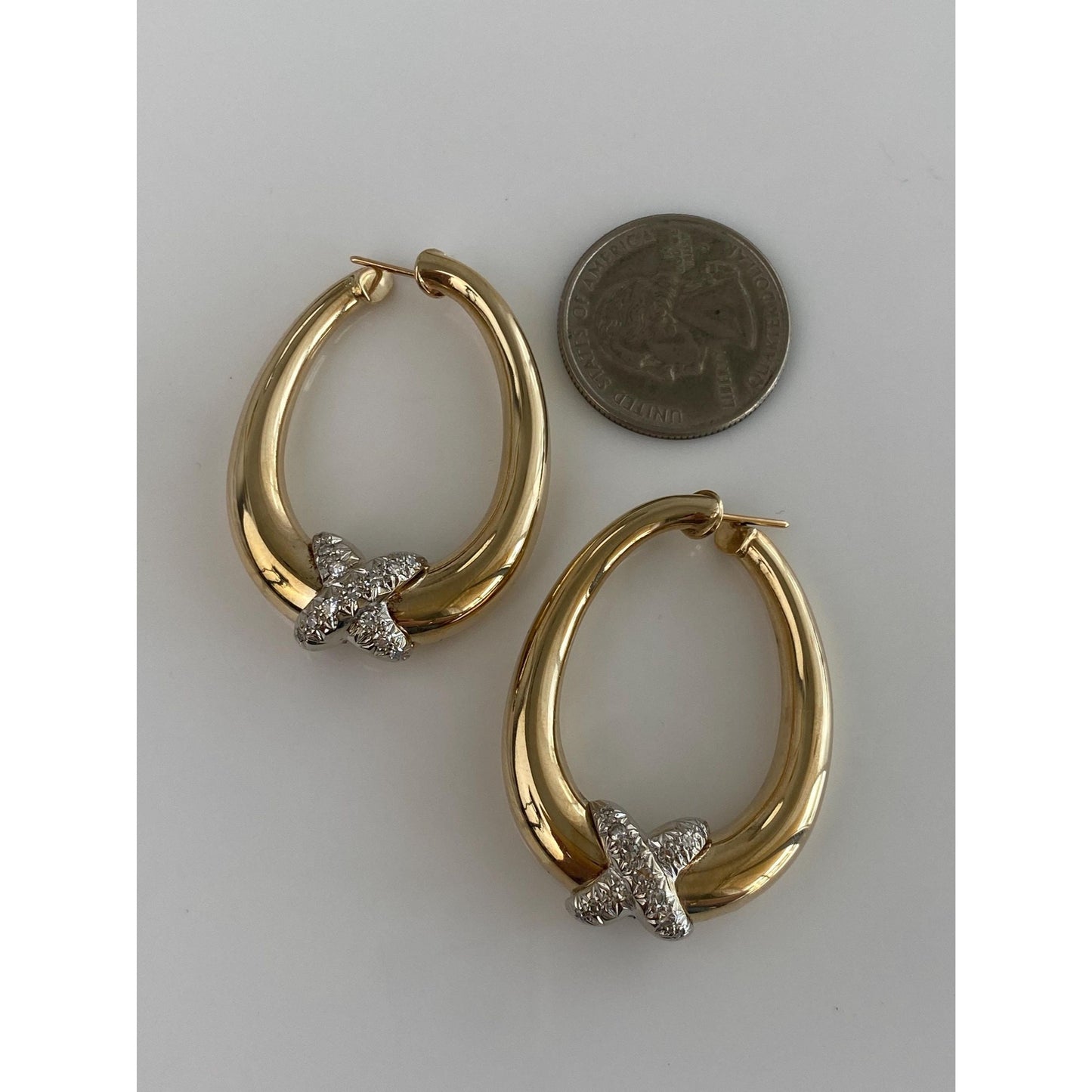 Vintage Solid 14k Yellow Gold Diamond X Hoop Earrings