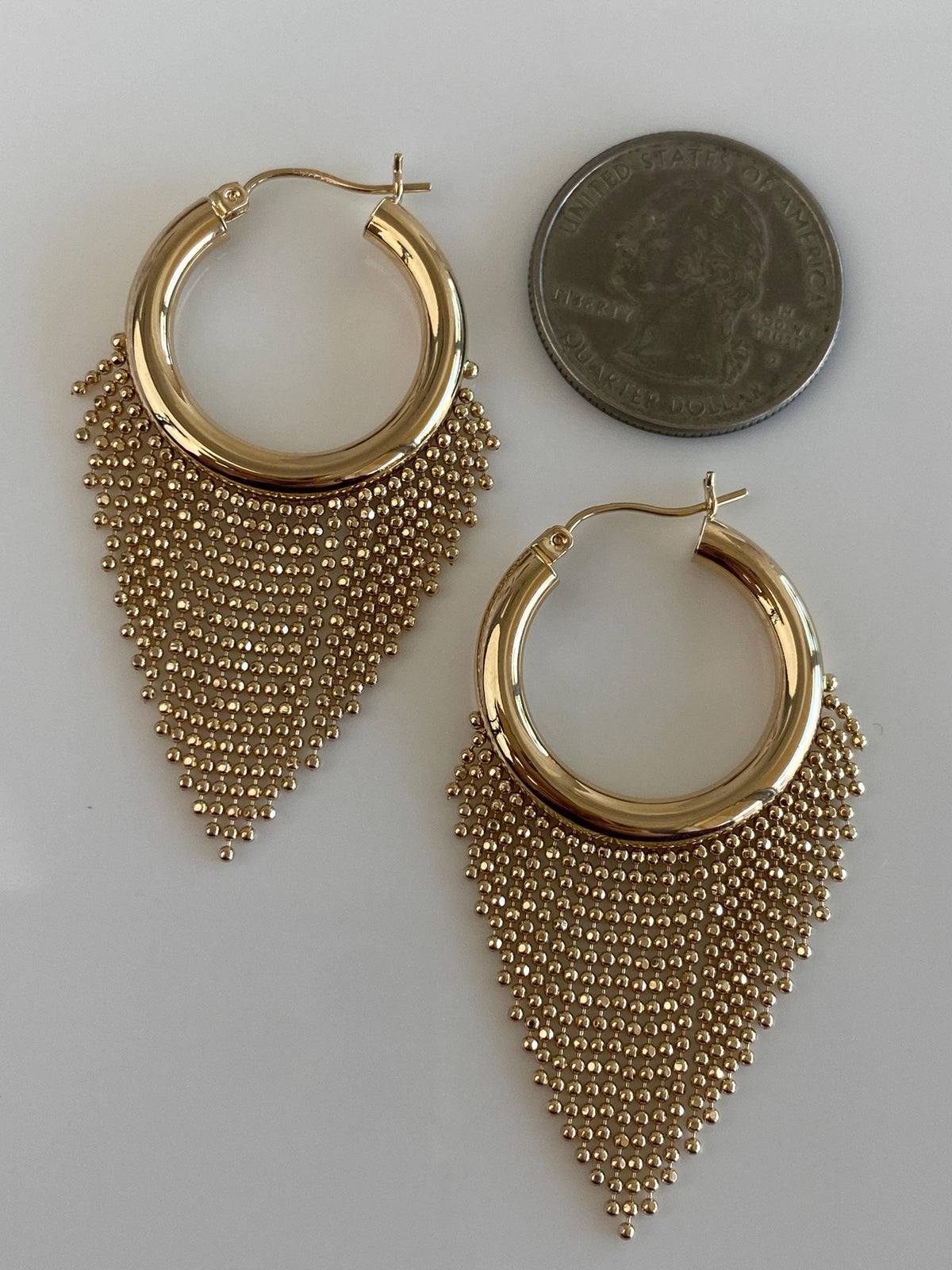 Vintage 14k Yellow Gold Ball Chain Fringe Hoop Earrings