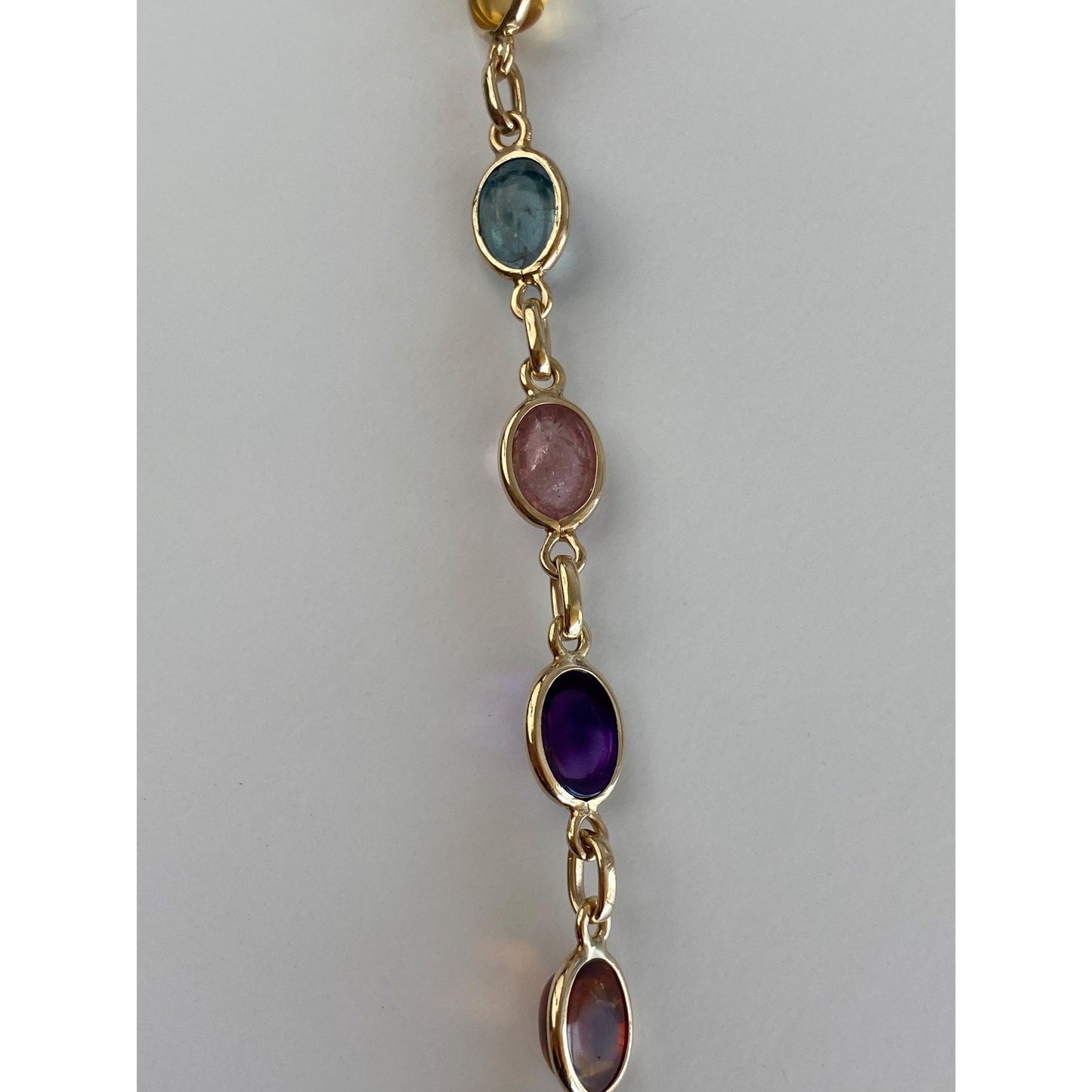Solid 14k Yellow Gold Amethyst Rose Quartz Citrine Smokey Quartz Link Bracelet - 7.75 inches