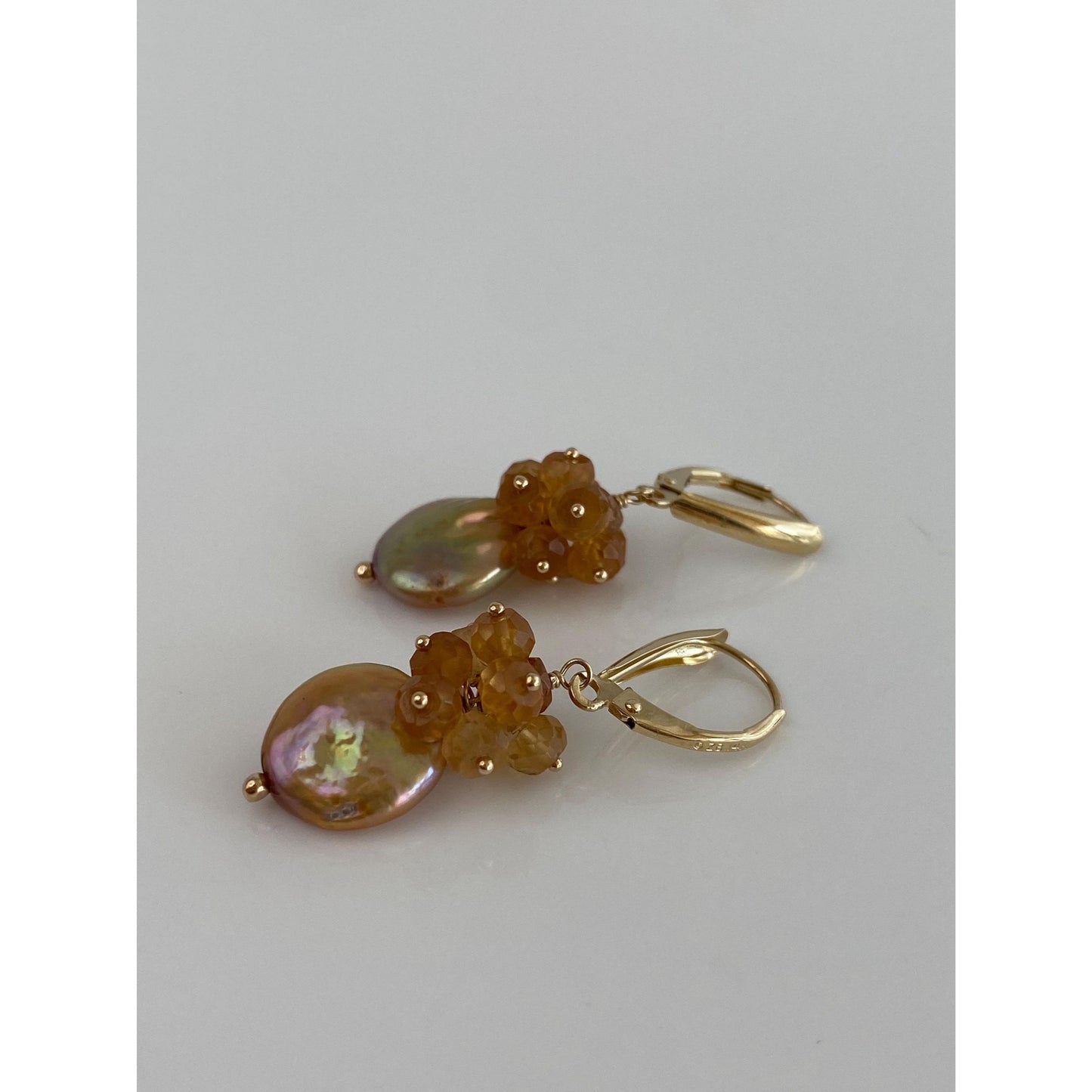 Vintage Solid 14k Yellow Gold Citrine Pink Pearl Dangle Earrings