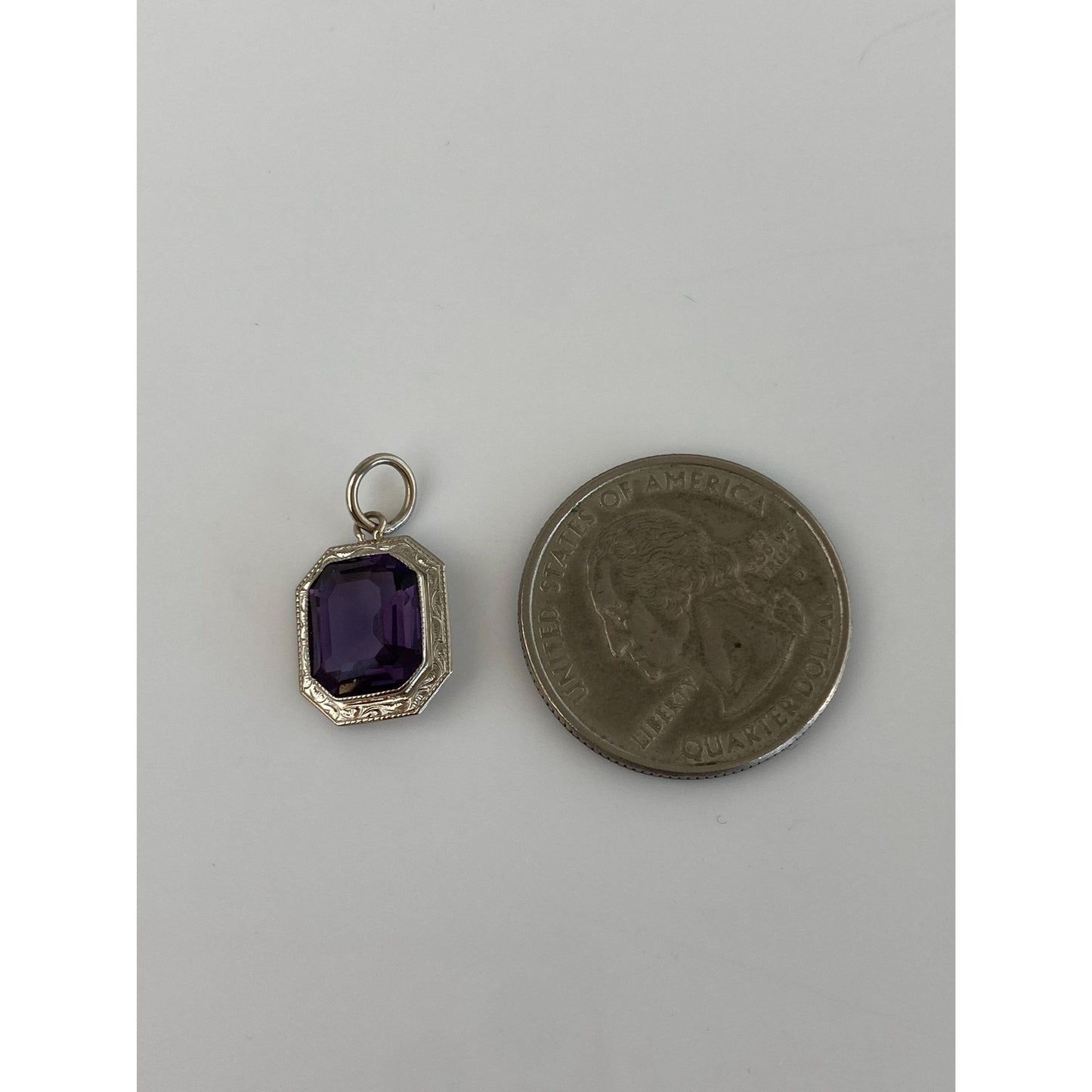 Solid 14k White Gold Purple Cubic Zirconia Art Deco Charm