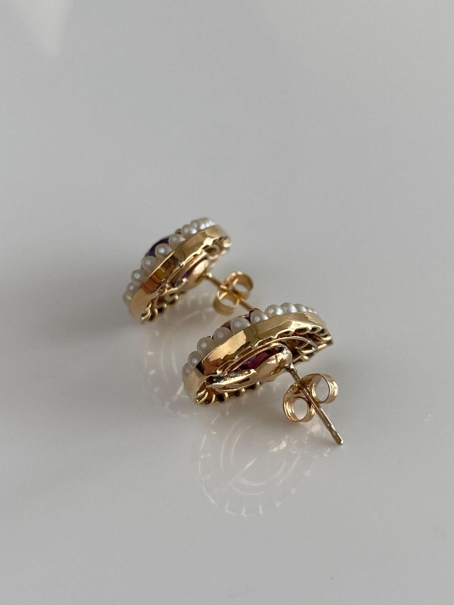 Vintage Solid 14k Yellow Gold Pearl Halo Amethyst Drop Earrings