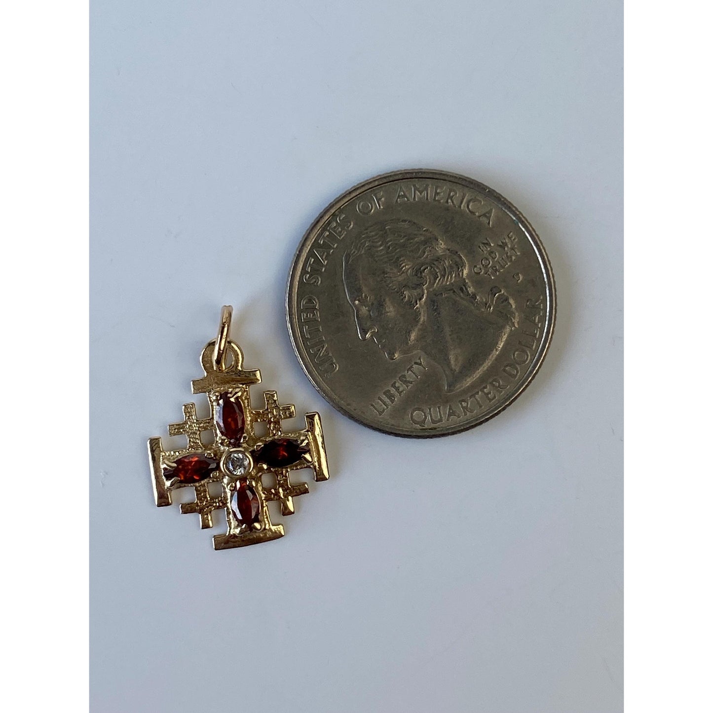 Vintage Solid 14k Yellow Gold Clear & Red Cubic Zirconia Cross Charm