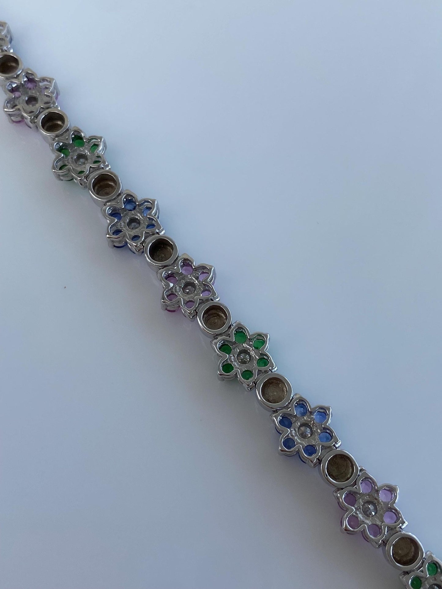 Vintage Solid 14k White Gold Diamond Pink Sapphire Topaz Emerald Flowers Link Bracelet - 7 inches